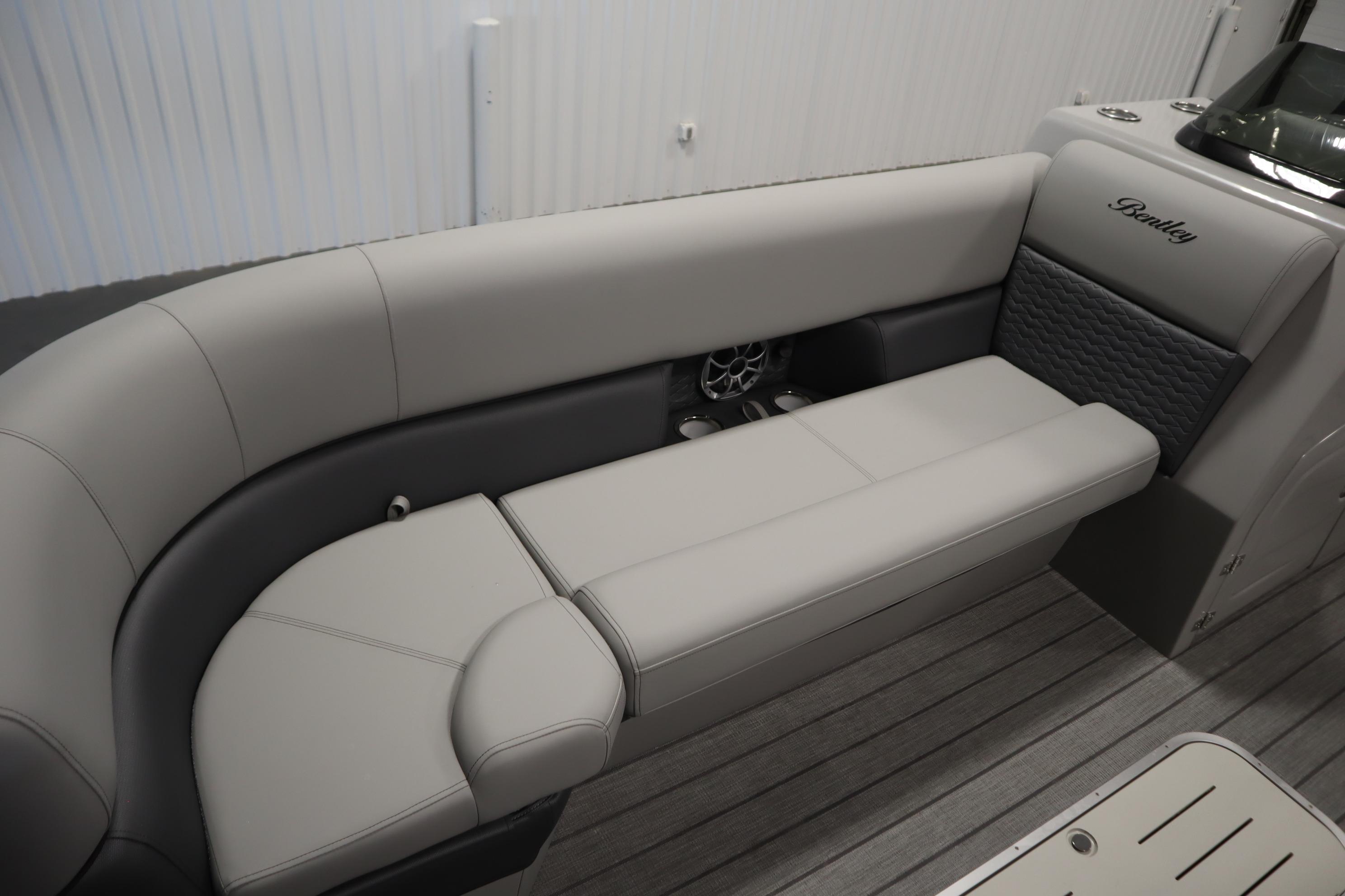 2025 Bentley Pontoons Elite 253 Admiral Tri-toon interior seating, featuring luxurious gray upholstery.