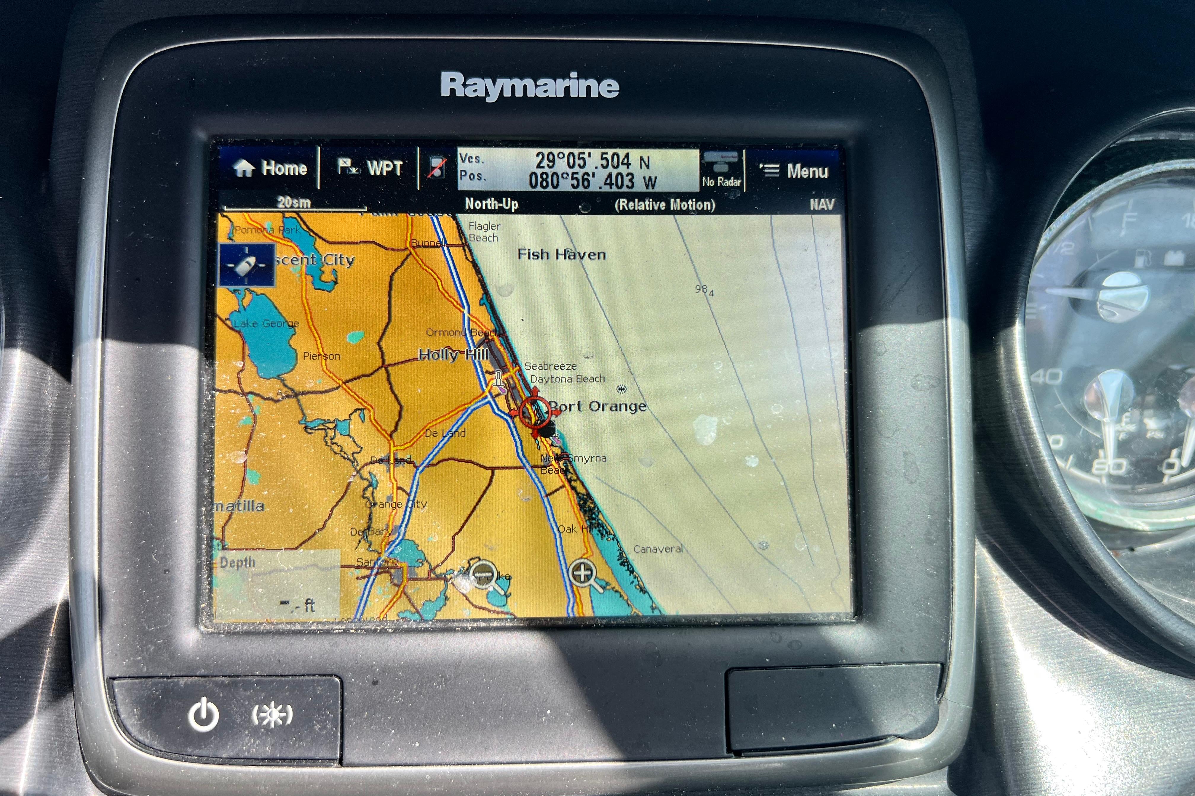 Raymarine GPS display on 2015 Monterey 268SS Super Sport, showing coastal navigation map.