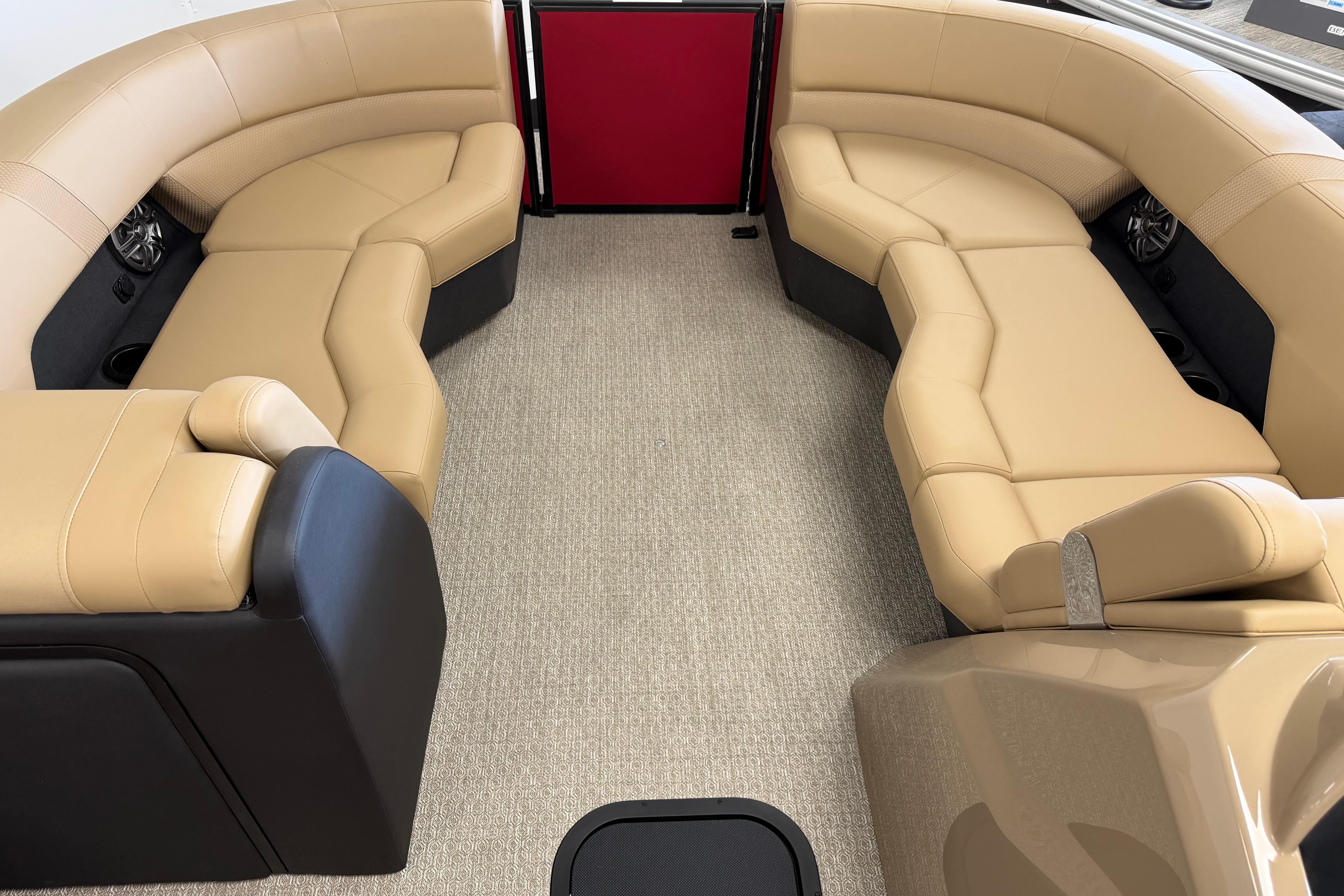 Luxurious beige seating in 2026 Evotti 523CS boat interior.