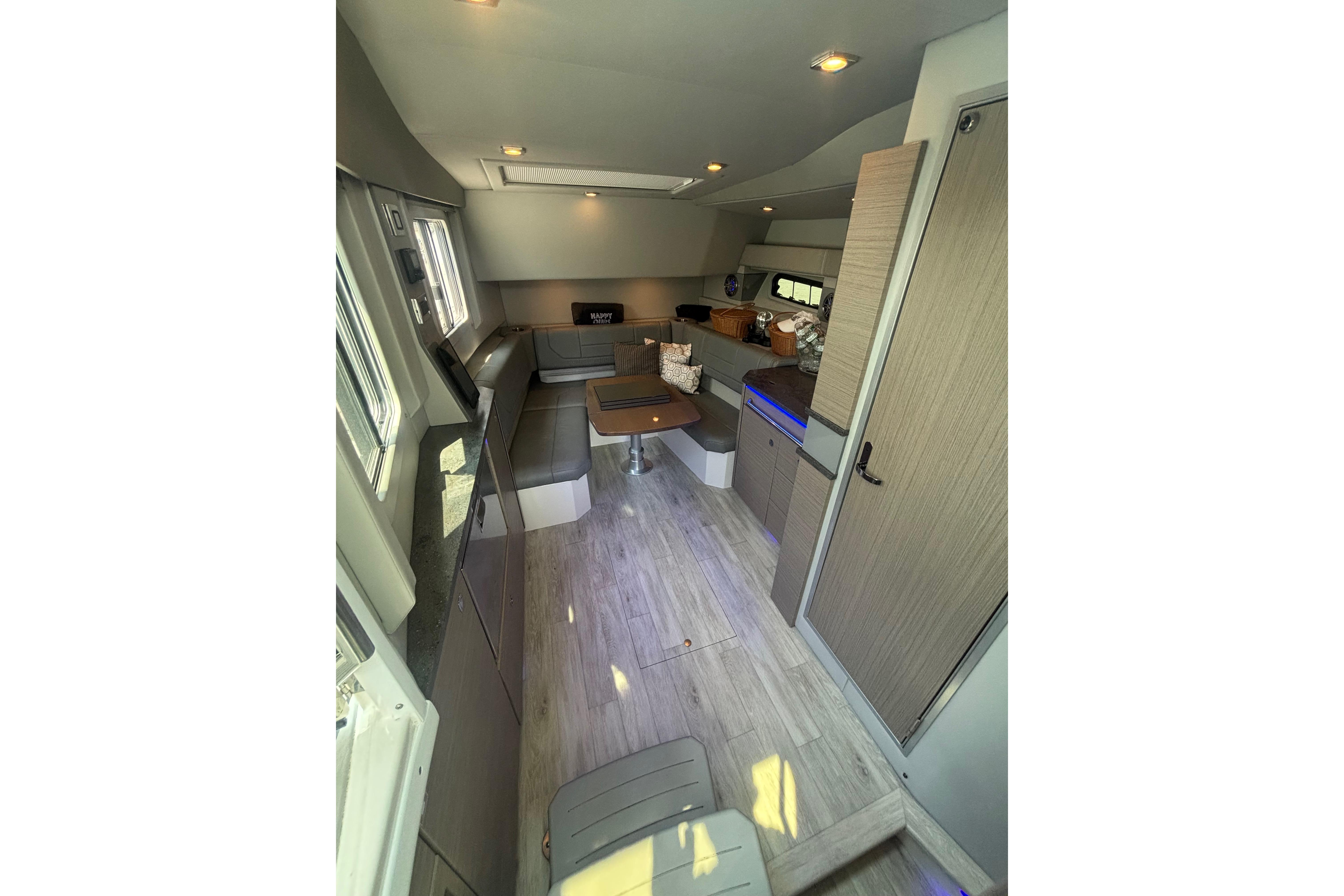 Interior of 2019 Formula 430 Super Sport Crossover, featuring modern seating and sleek design.