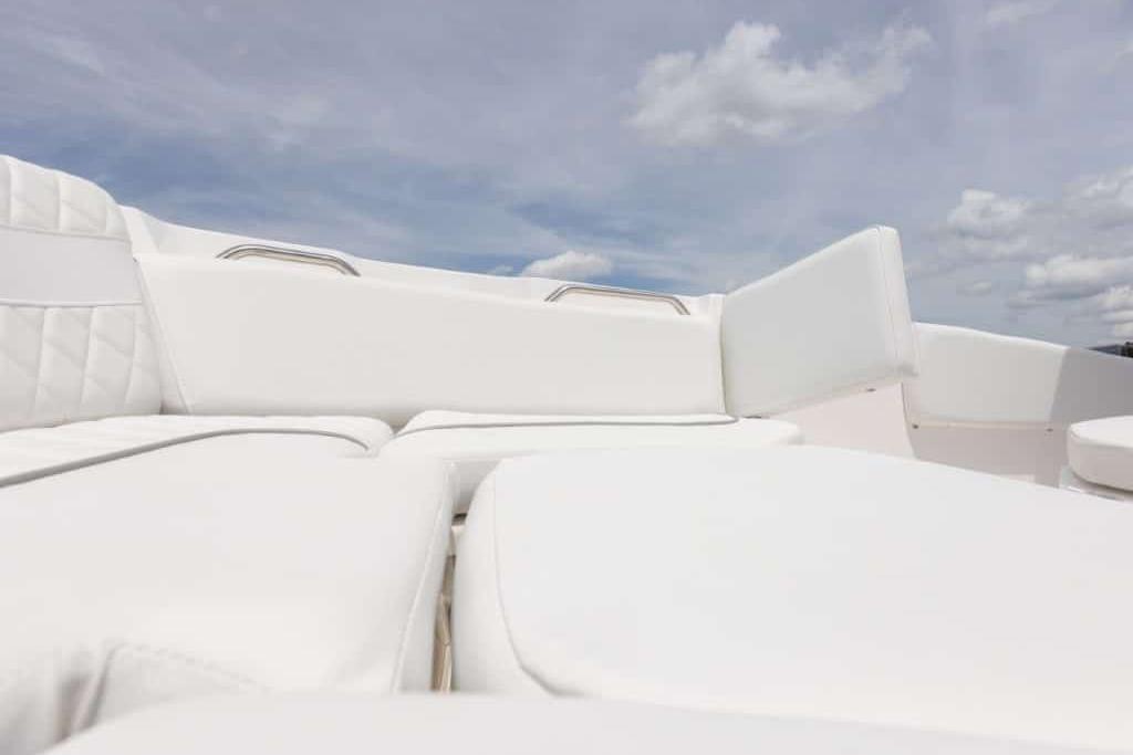 Luxurious seating on 2027 Sea Fox 268 Commander boat under a clear sky.