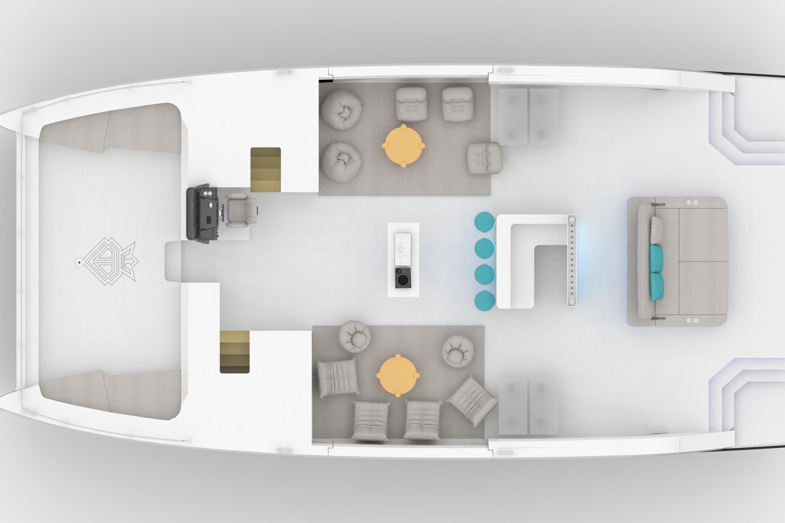 Interior layout of 2026 Diamond Yachts P55 Power Catamaran, featuring modern seating and dining areas.