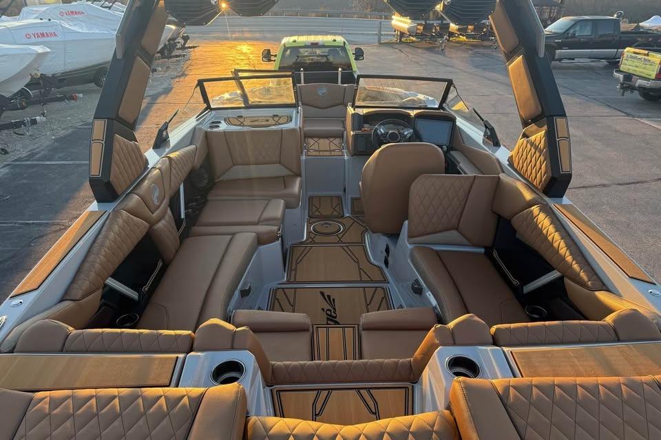 Luxurious interior of 2026 Tigé Z3 boat with tan leather seating and modern design.