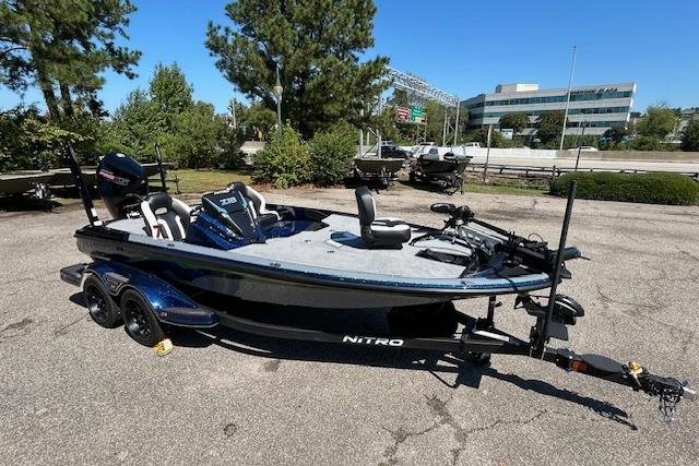 2026 Nitro Z18 Pro fishing boat parked outdoors on a trailer.