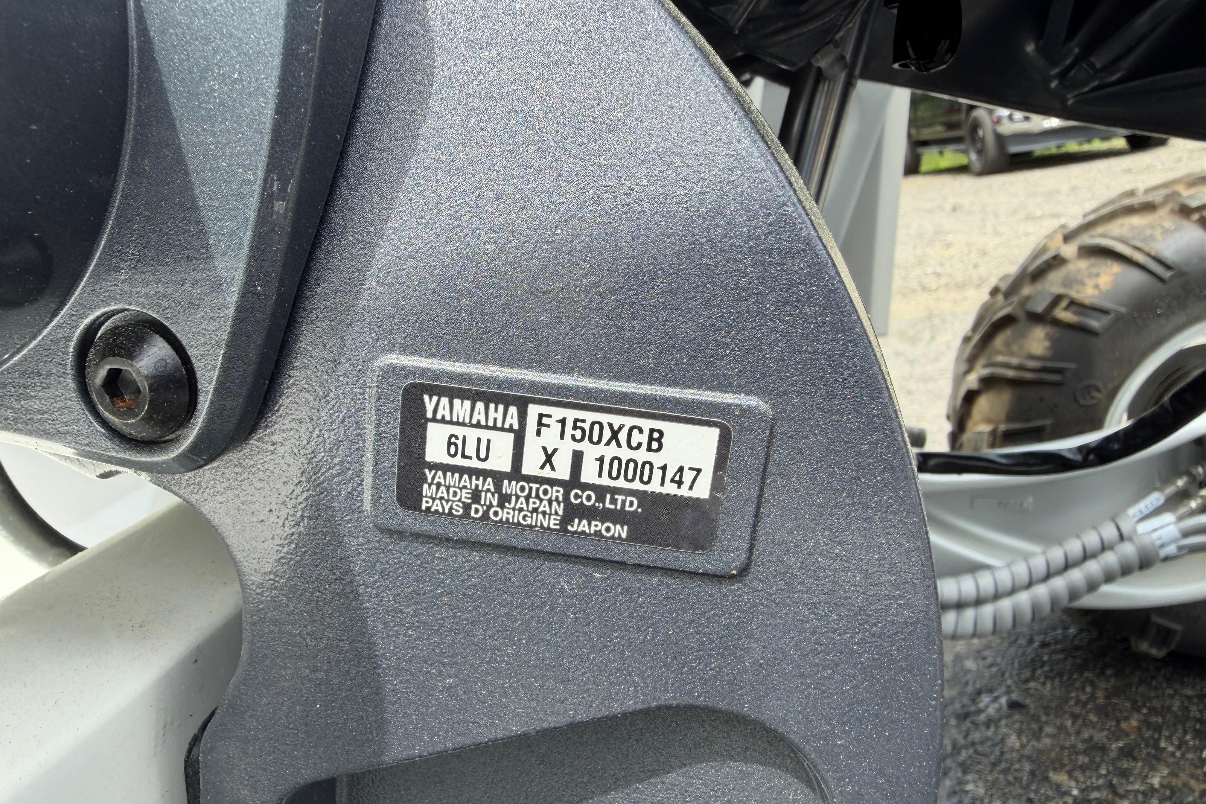 Close-up of Yamaha F150XCB engine label on 2024 Sealegs 7.1m RIB.