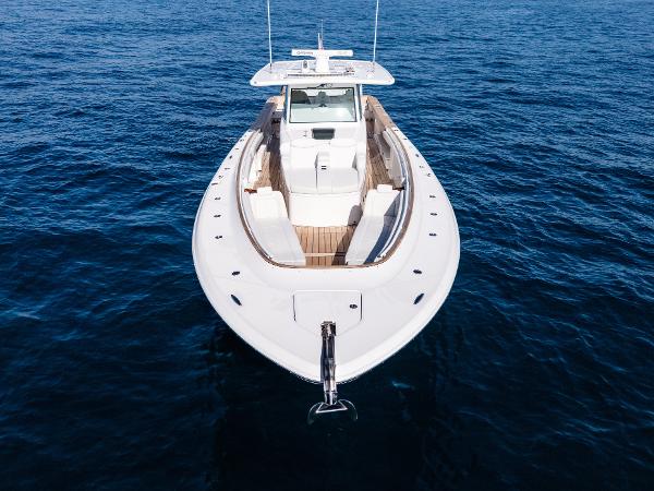 2020 HCB 53 Sueños boat on open water, aerial view.