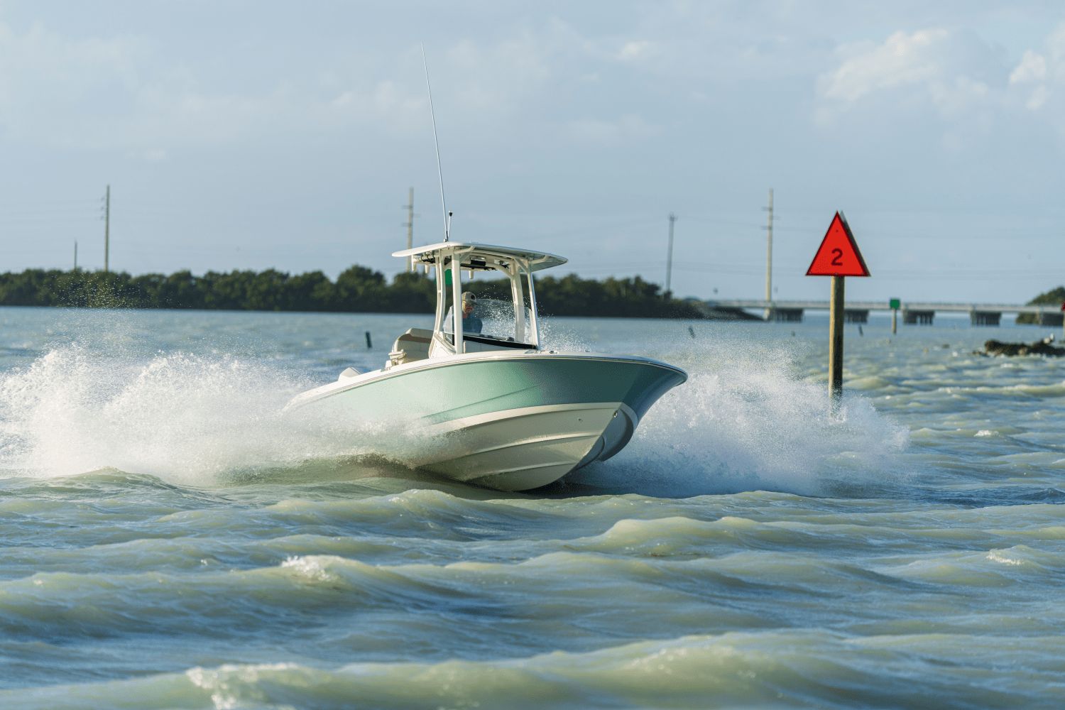 A 2027 Boston Whaler 25DA speeding through choppy waters.