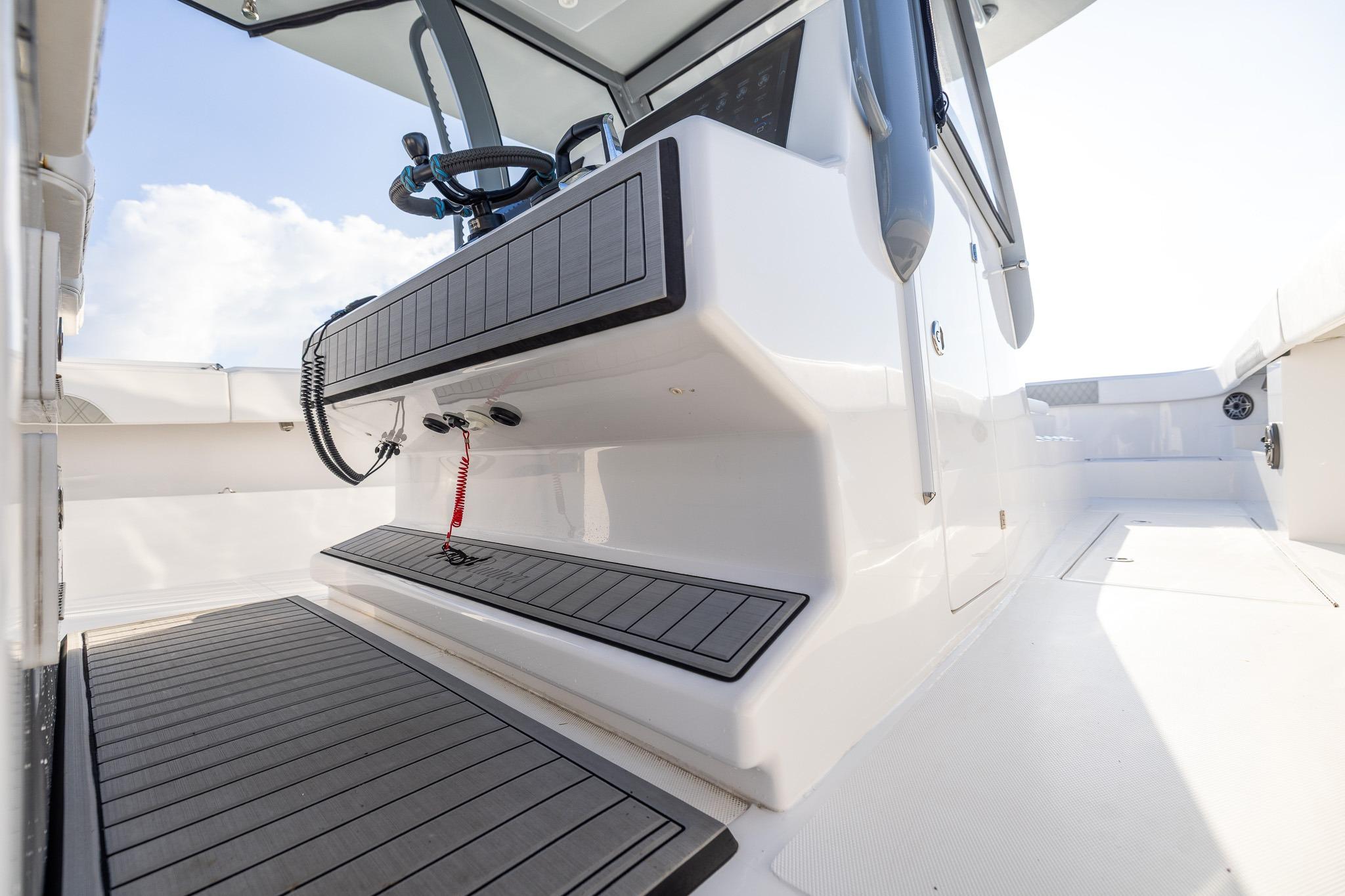 2026 Front Runner 37 Catamaran cockpit with sleek design and modern controls.