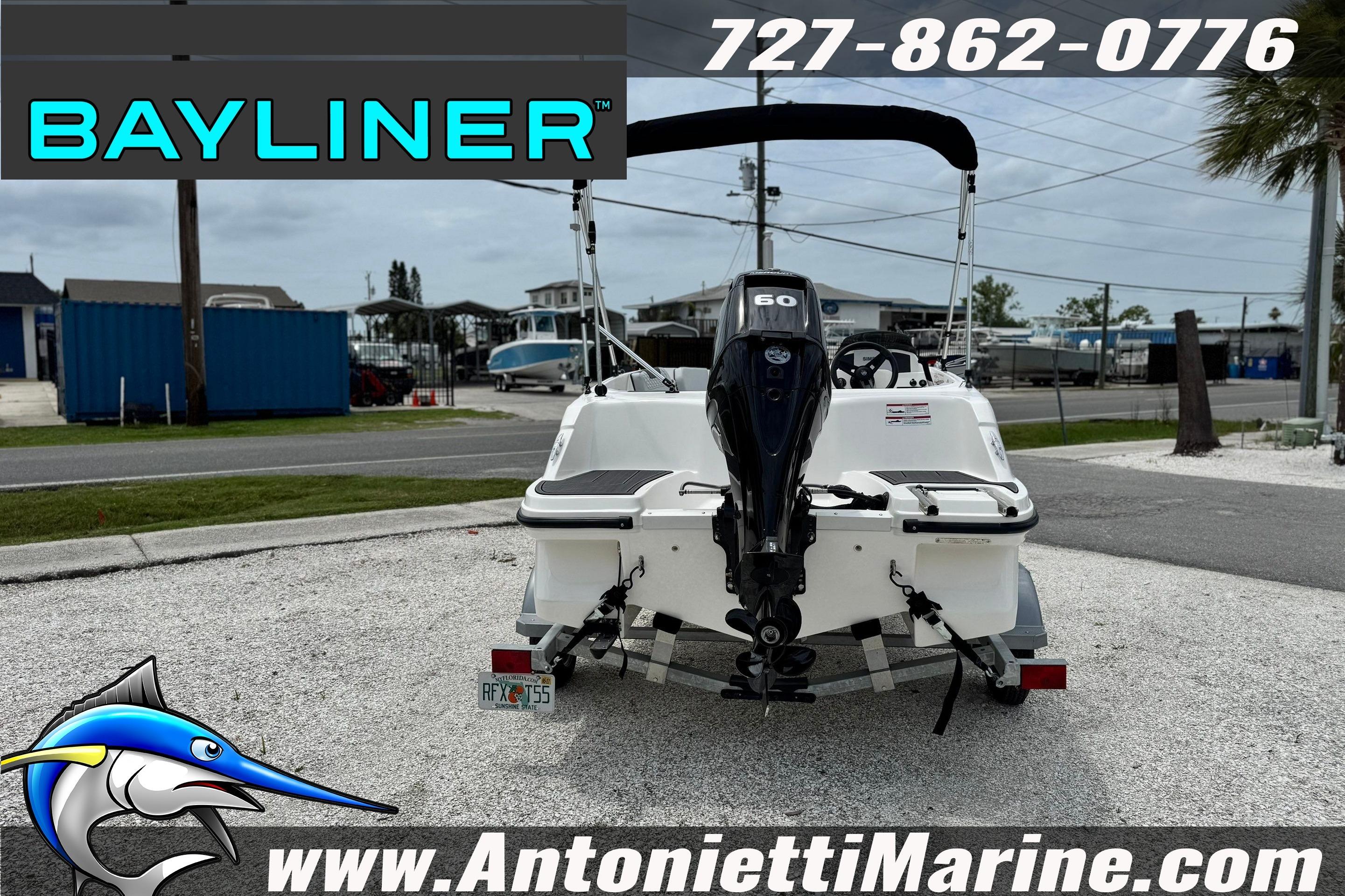 2024 Bayliner Element M15 boat on trailer at Antonietti Marine dealership.