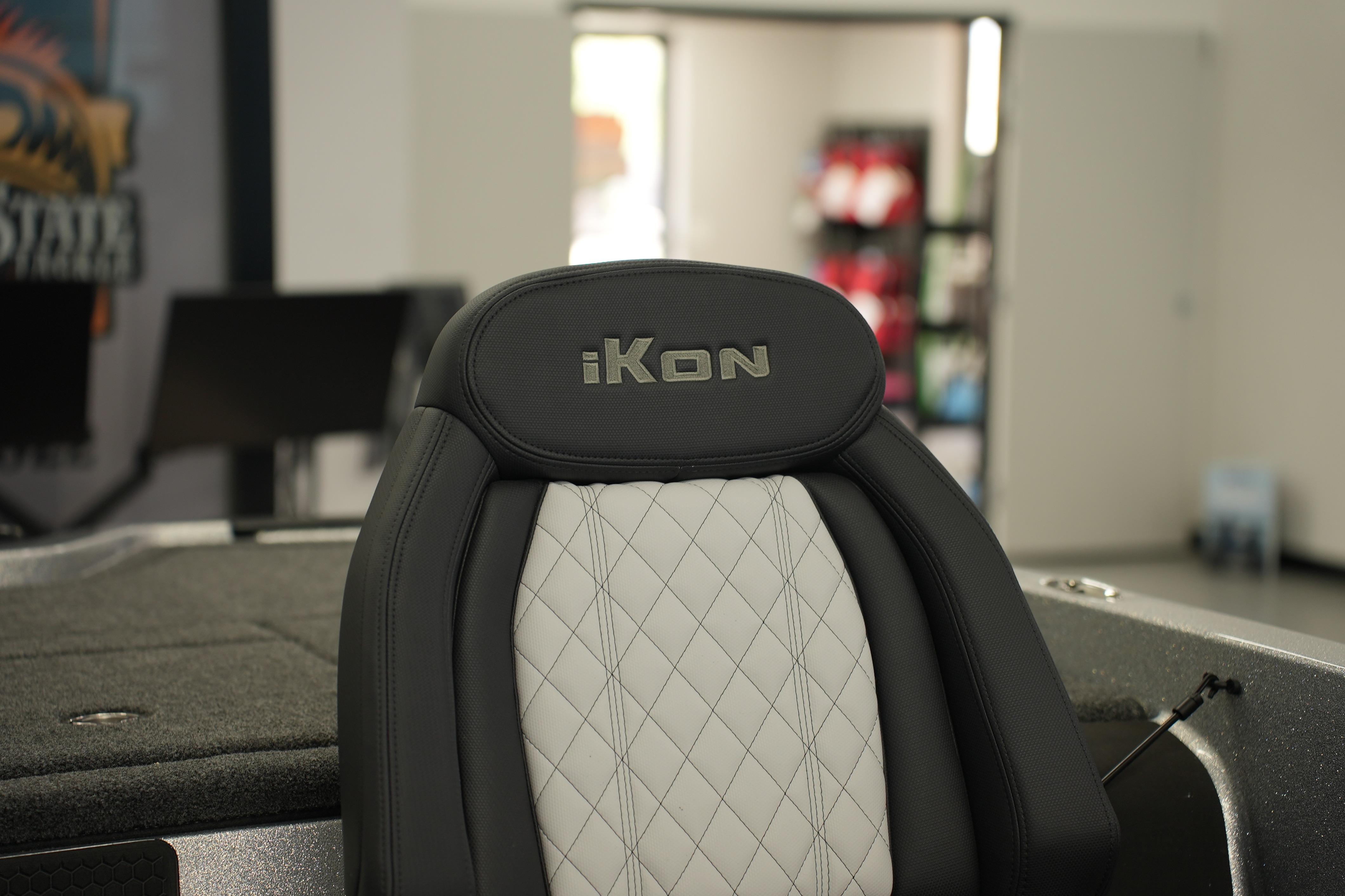 iKon LXE20 2026 boat seat with quilted design in showroom setting.
