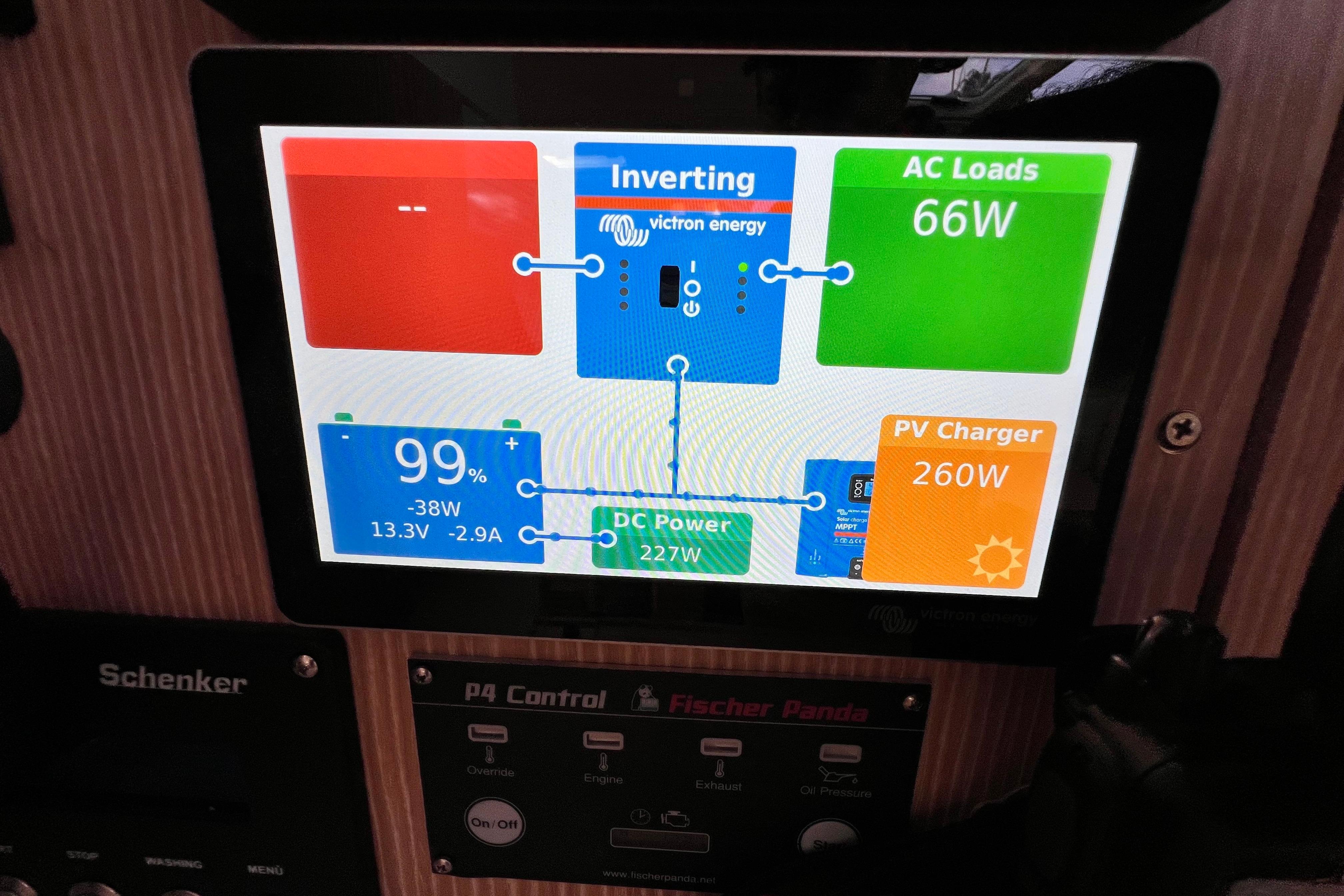 Control panel display on a 2016 Hanse 455 yacht showing power management details.