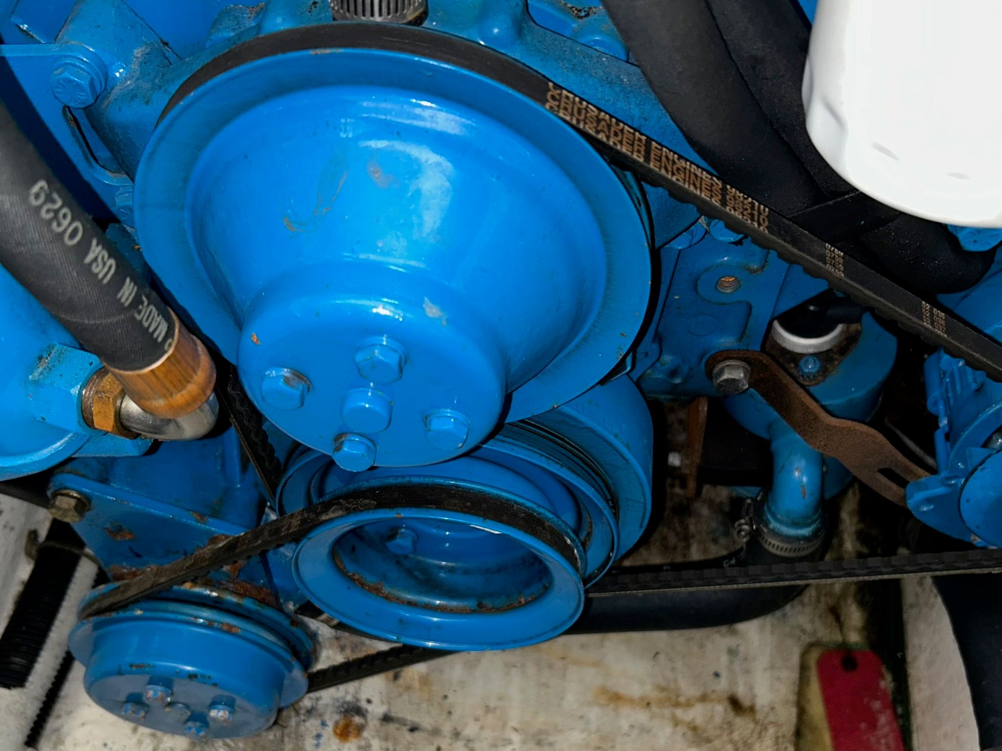 Engine compartment of a 2000 Carver 356 Aft Cabin Motor Yacht.