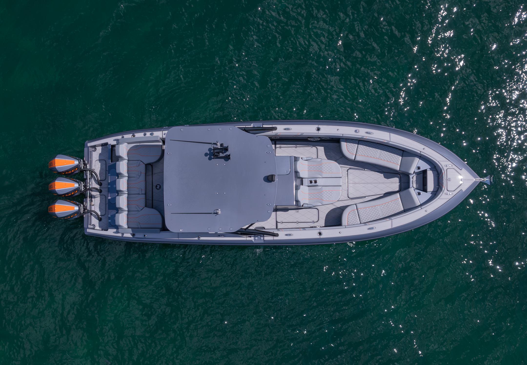 Aerial view of 2022 Midnight Express 37' Open boat on water.