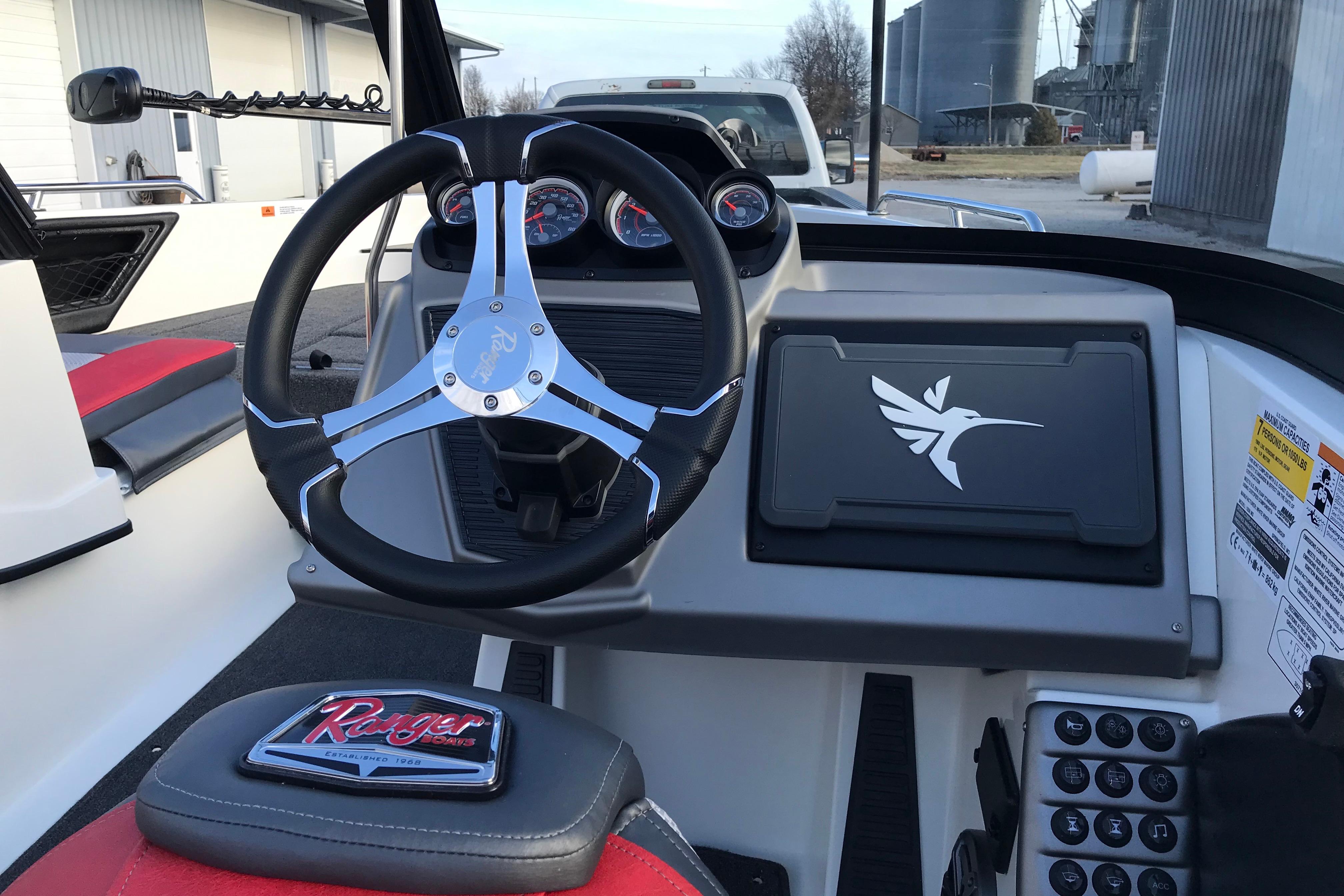2026 Ranger 1850MS boat dashboard with steering wheel and control panel.