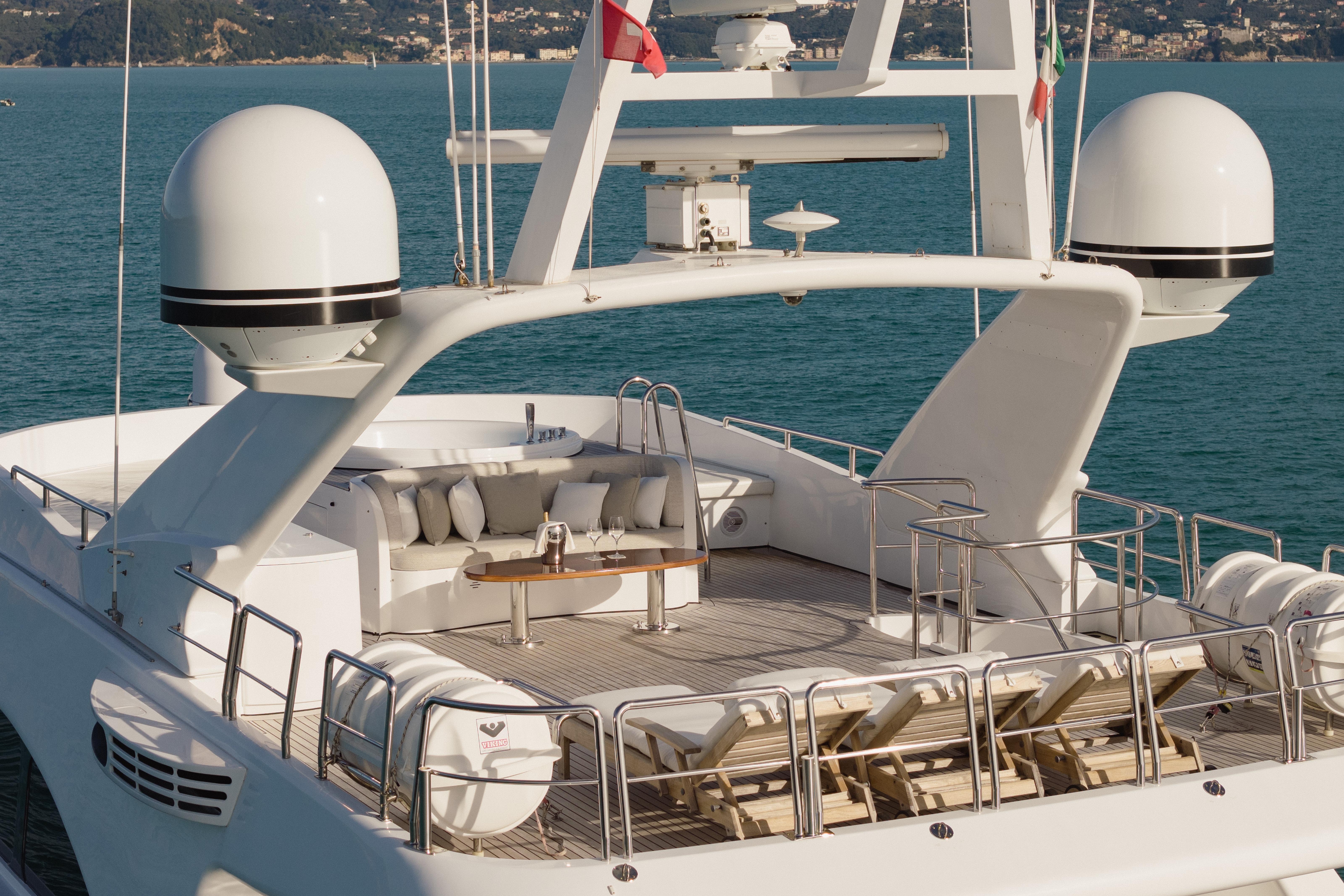 Luxurious Benetti Classic 115 yacht deck with seating and sun loungers, 2000 model.