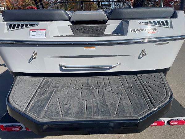 2025 Moomba Mondo boat rear view with Raptor engine branding.