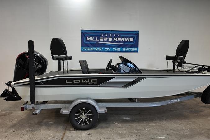 2024 Lowe Stinger 188 boat on trailer at Miller's Marine showroom.