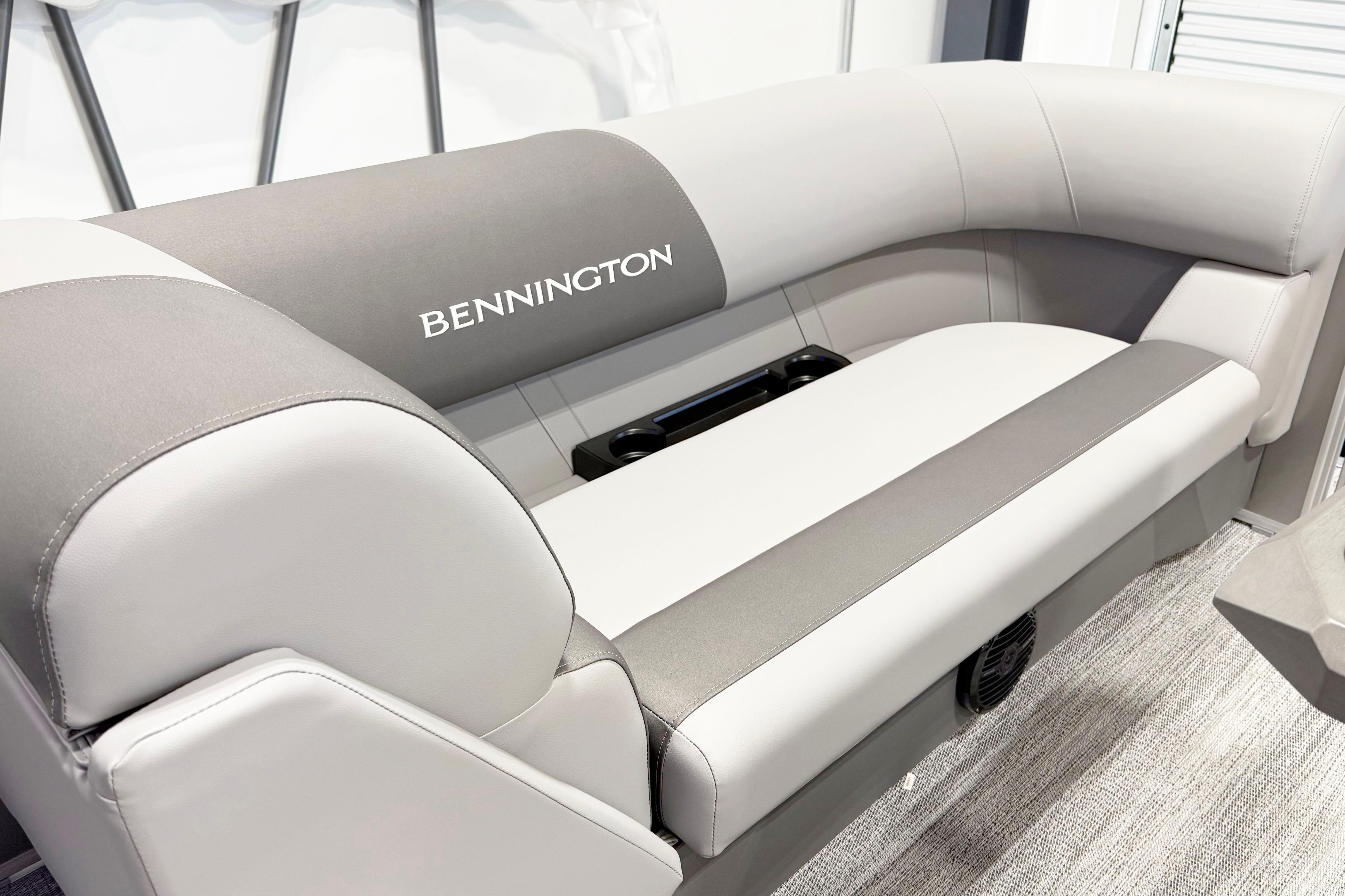 2025 Bennington 21S Cruise boat interior with gray and white seating.