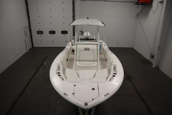 2025 Sea Fox 228 Commander boat in indoor storage facility.