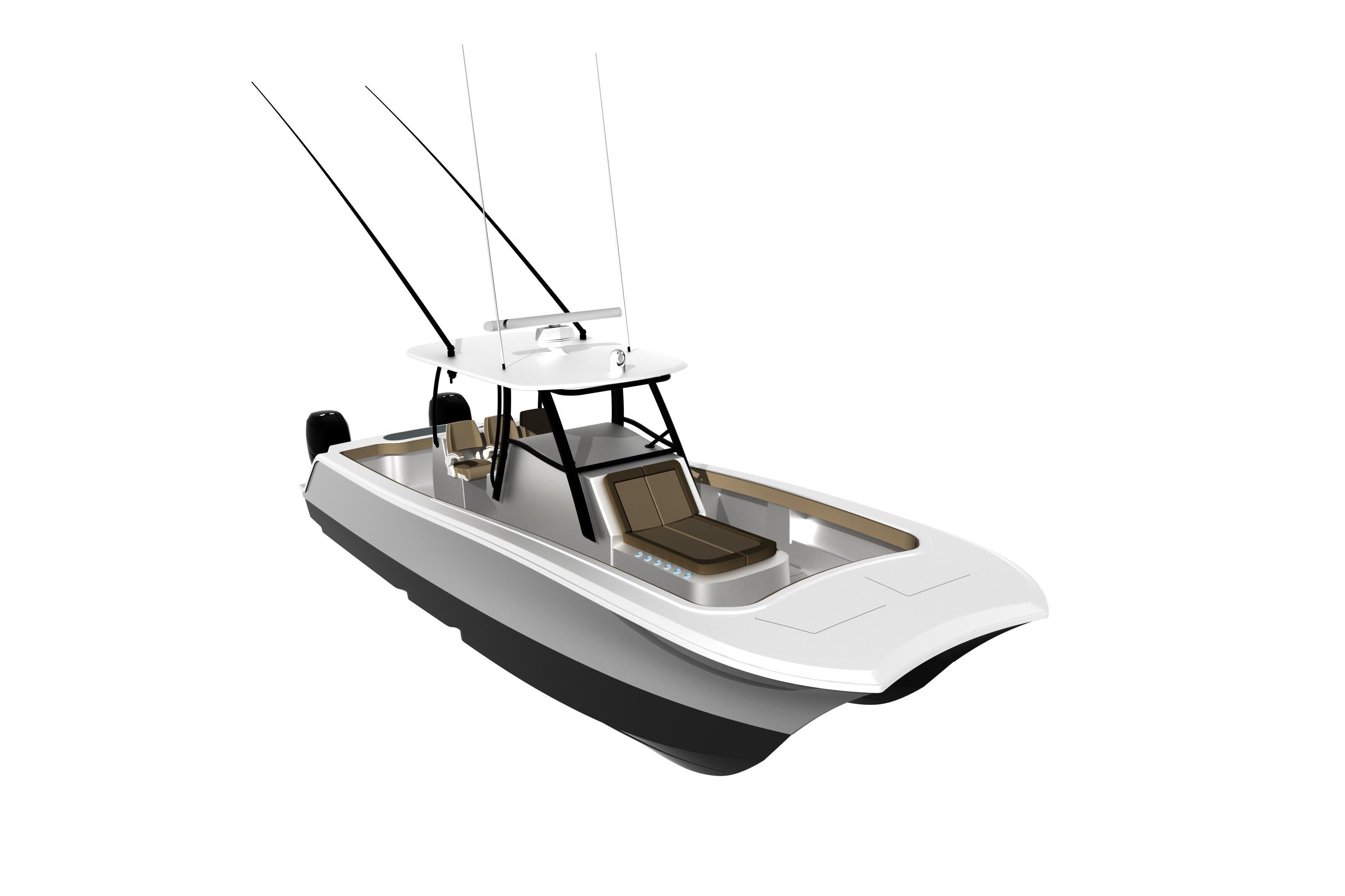 2026 Front Runner 34 Catamaran, sleek design, white hull, fishing rods, modern seating.
