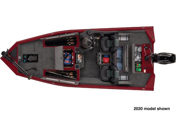 Overhead view of a red Tracker boat with two seats and storage compartments.