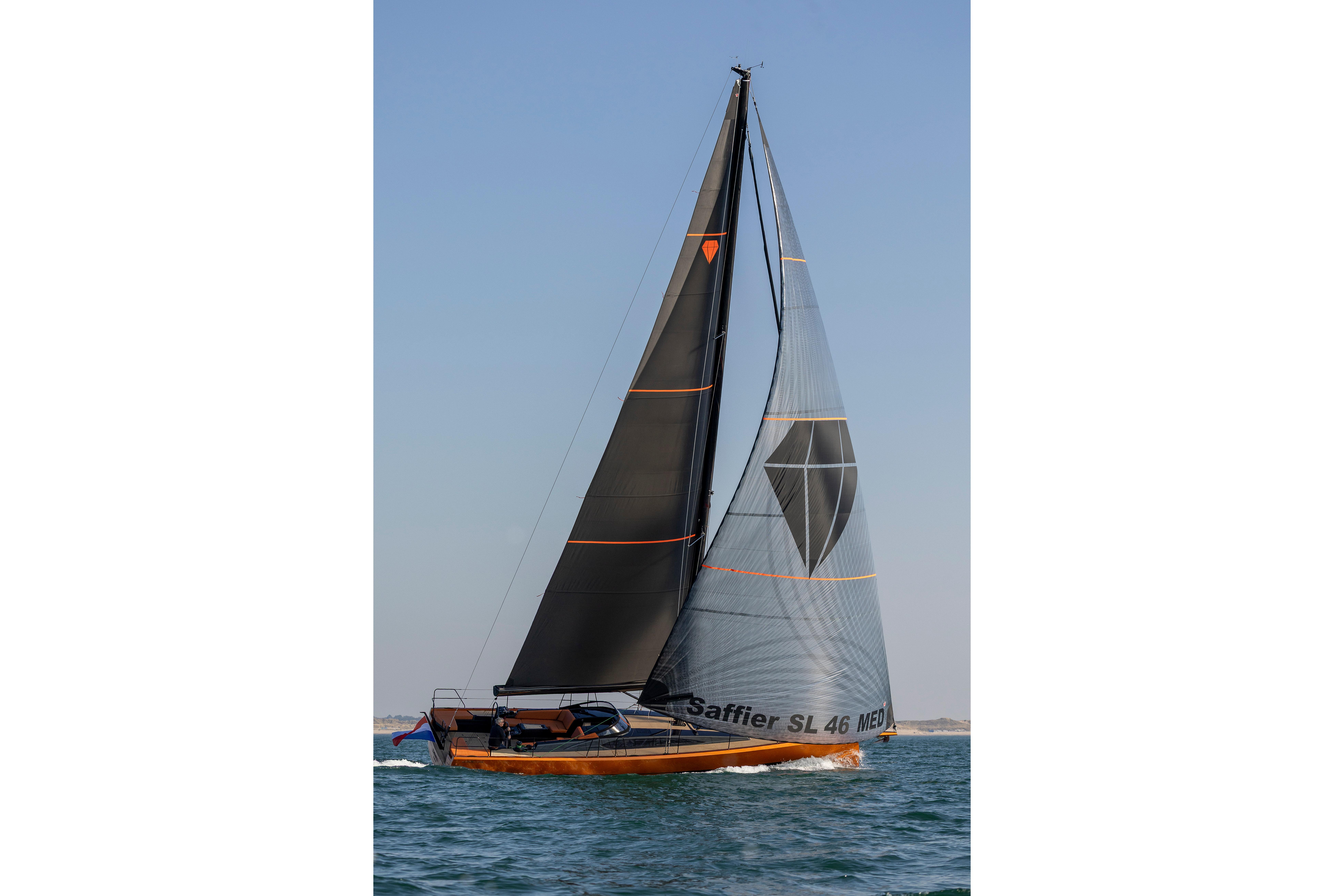 Saffier SL 46 MED 2027 sailing yacht on open water with sleek design.