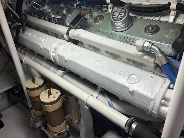 1997 Bertram Convertible engine room with Detroit Diesel engines.