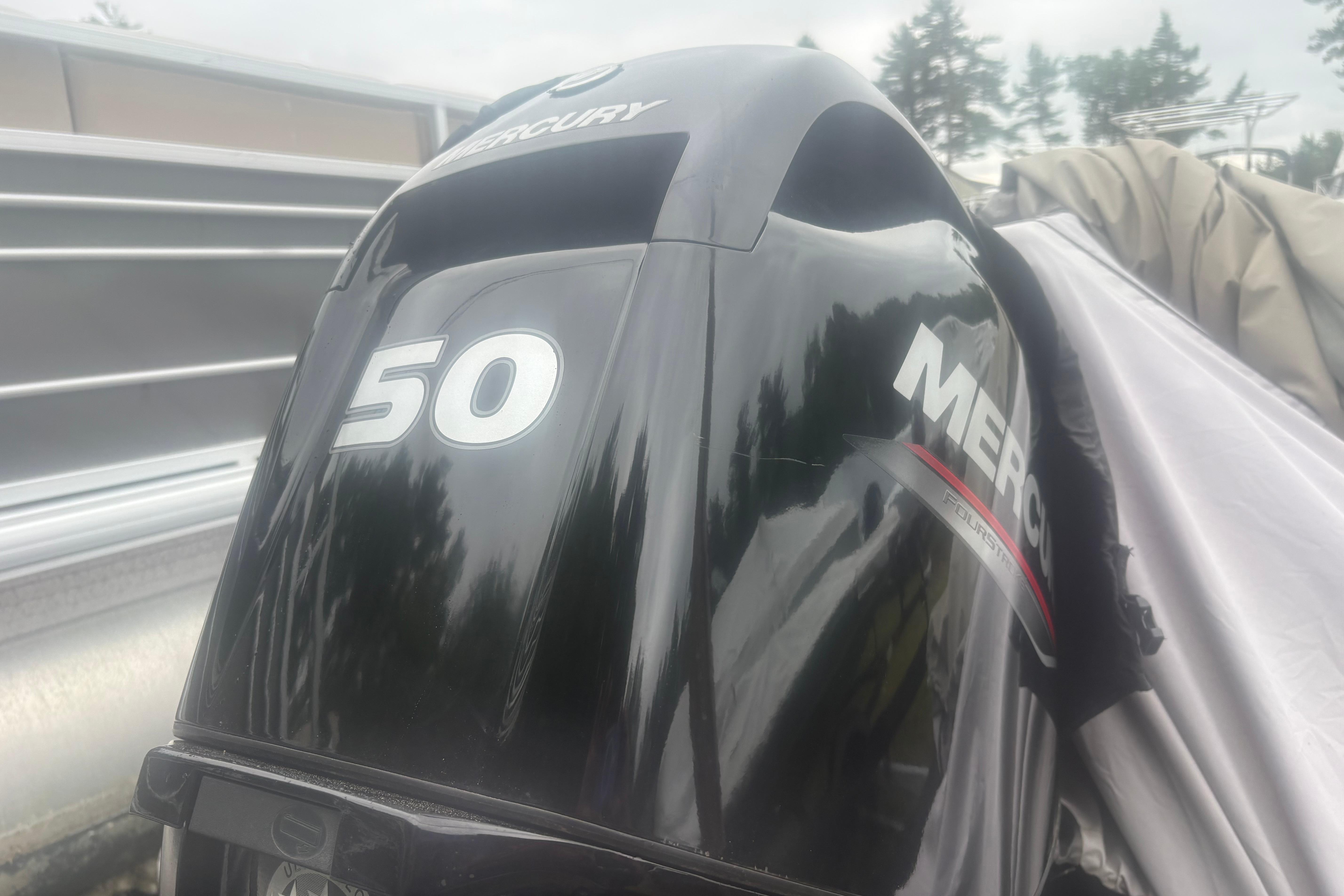 Mercury 50 horsepower outboard motor on a 2020 Bass Tracker III Classic boat.