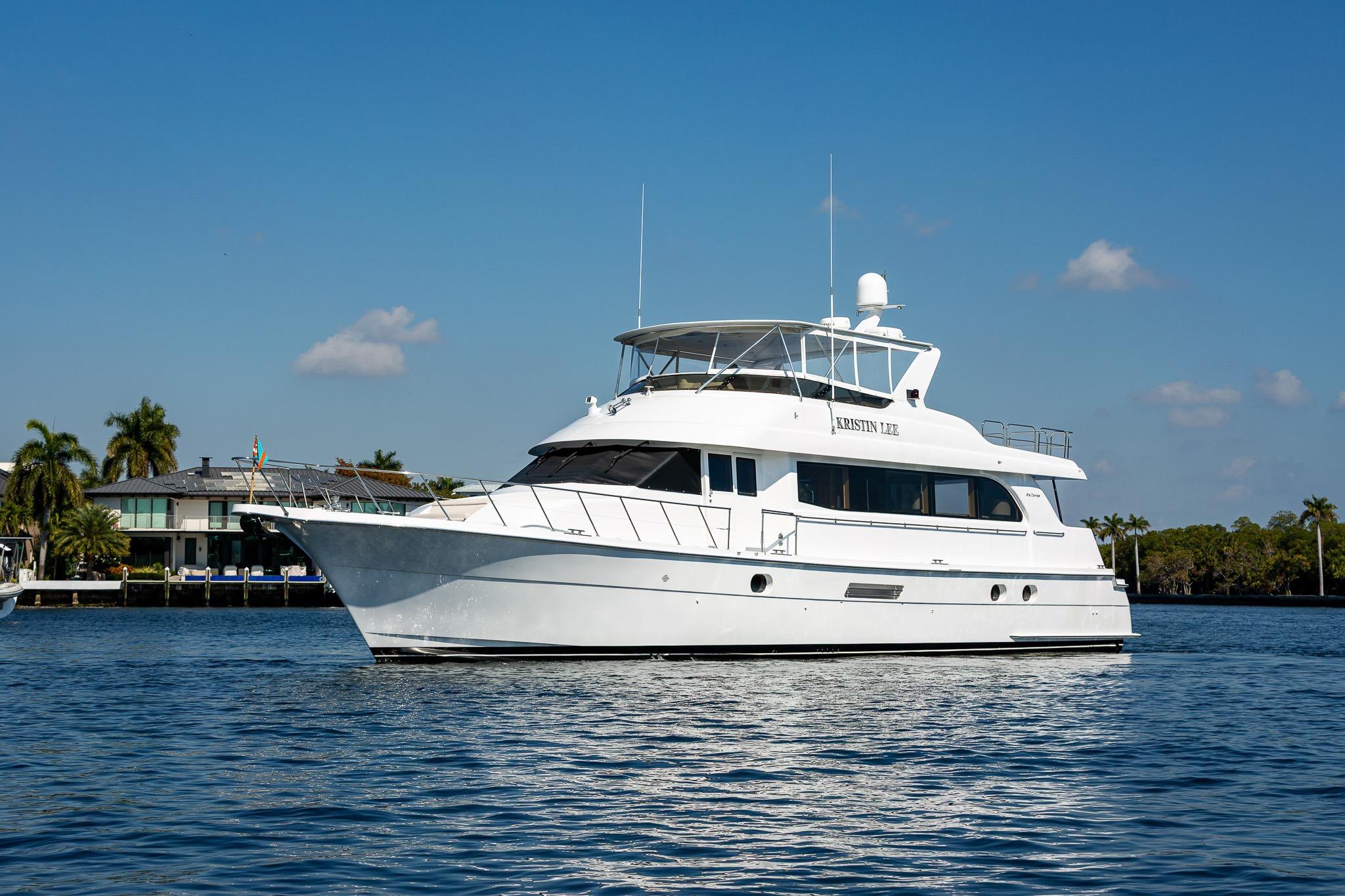2001 Hatteras 75 Cockpit Motor Yacht on calm water, clear sky background.