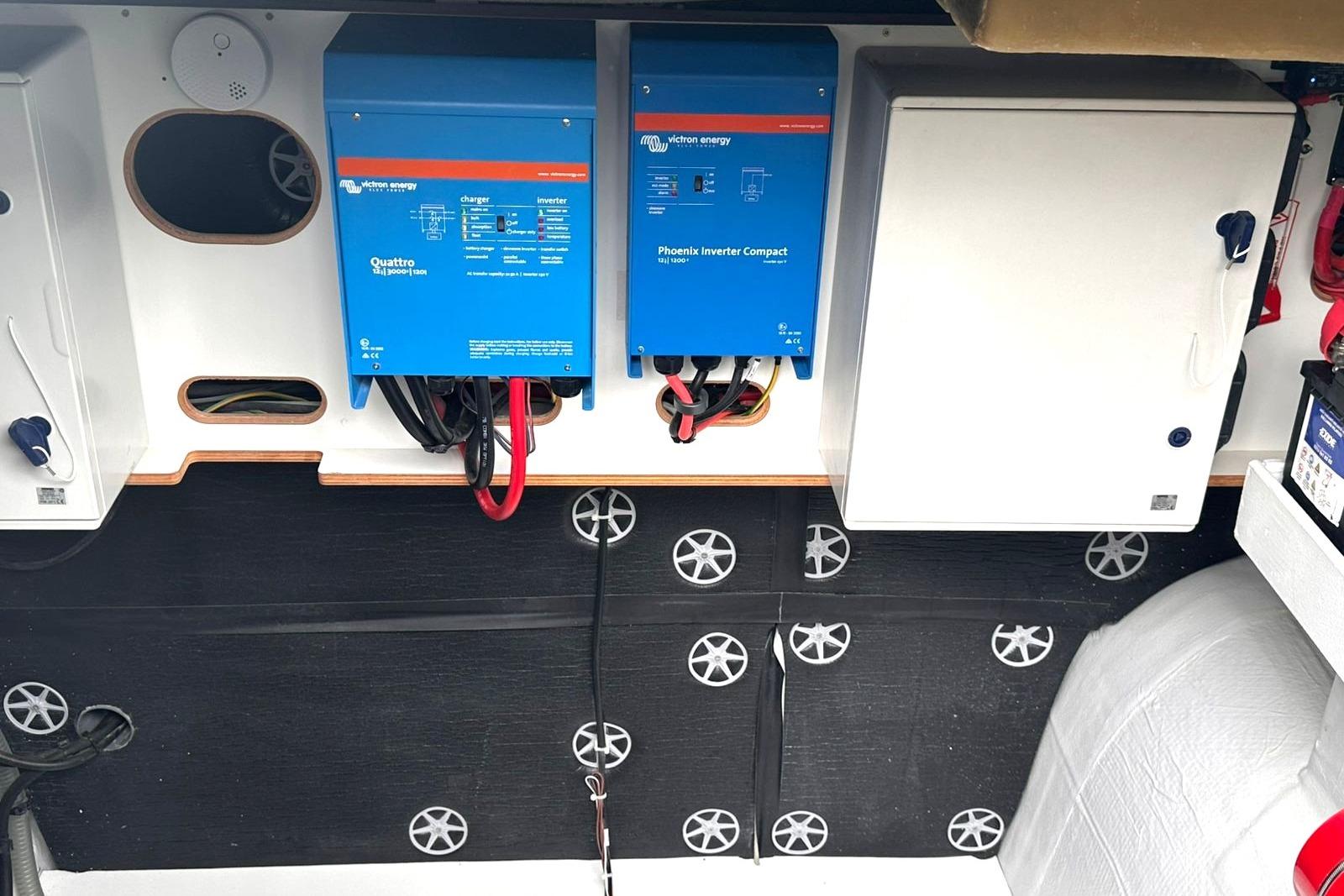 Electrical system of 2021 Fountaine Pajot Motor Yacht 44 with inverters and wiring.