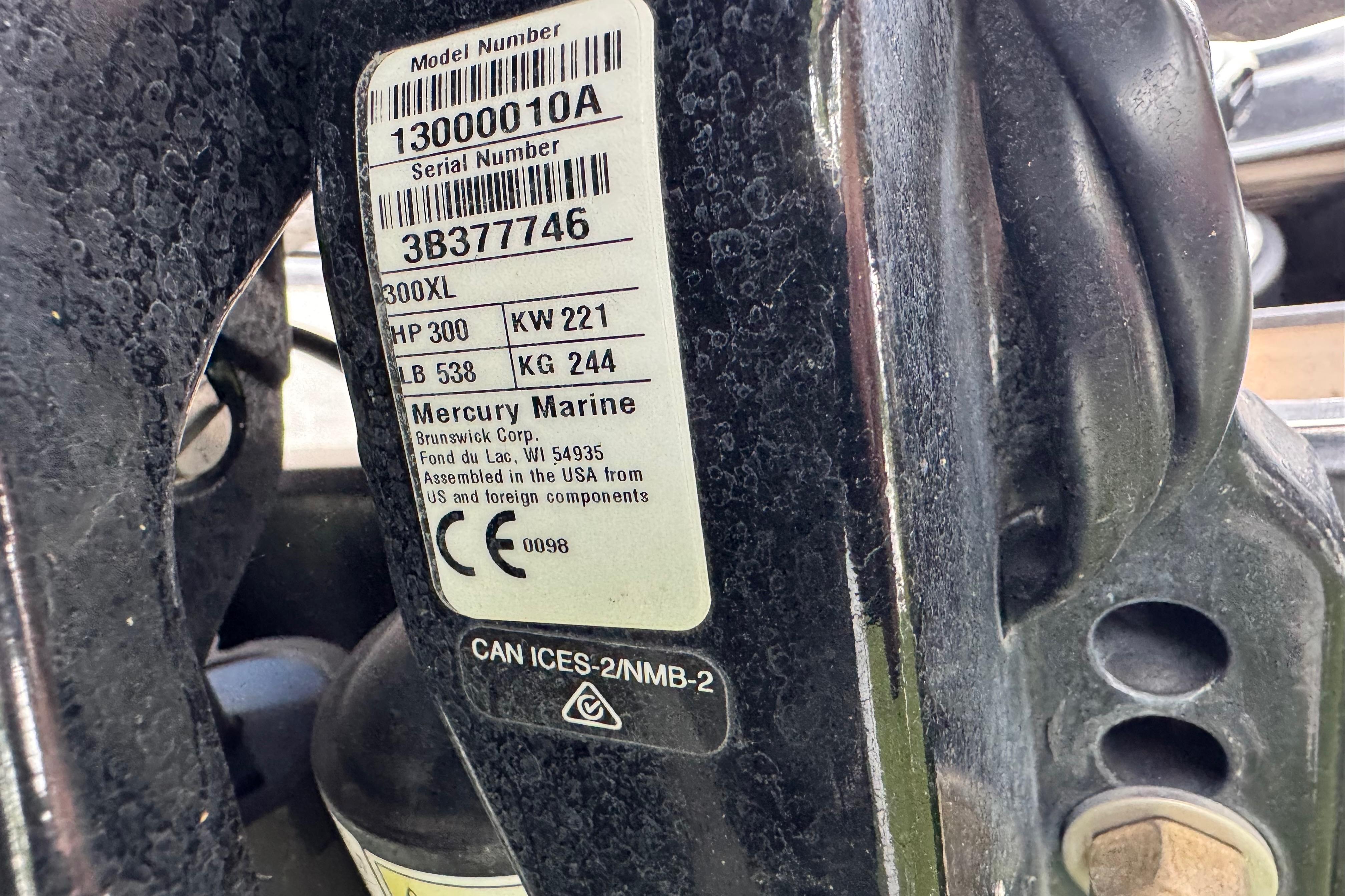 Label on Mercury Marine engine, model 300XL, 300 HP, Starcraft MX 25 DL DH, 2023.