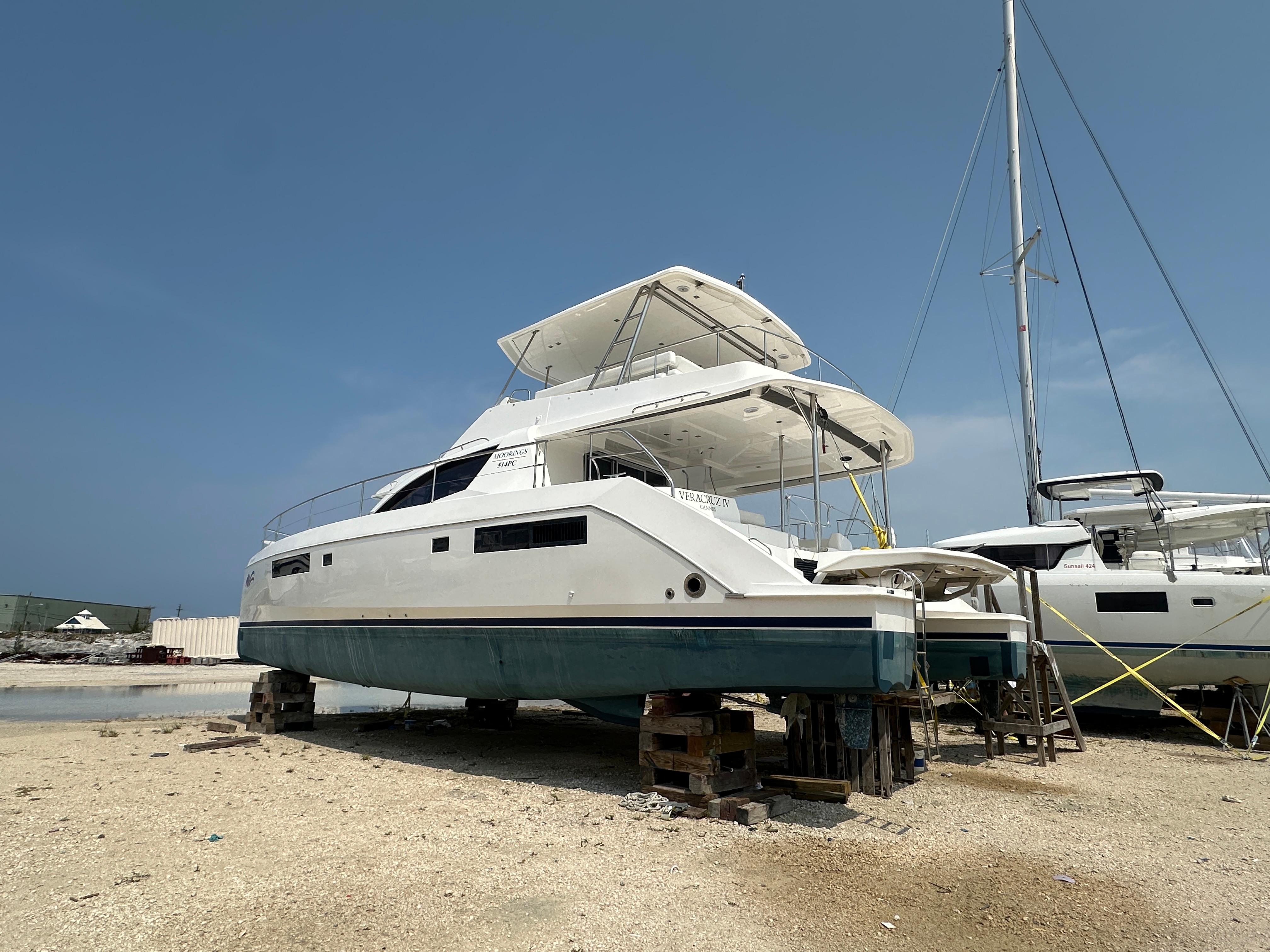 2018 Leopard 51 Powercat yacht on dry dock for maintenance.