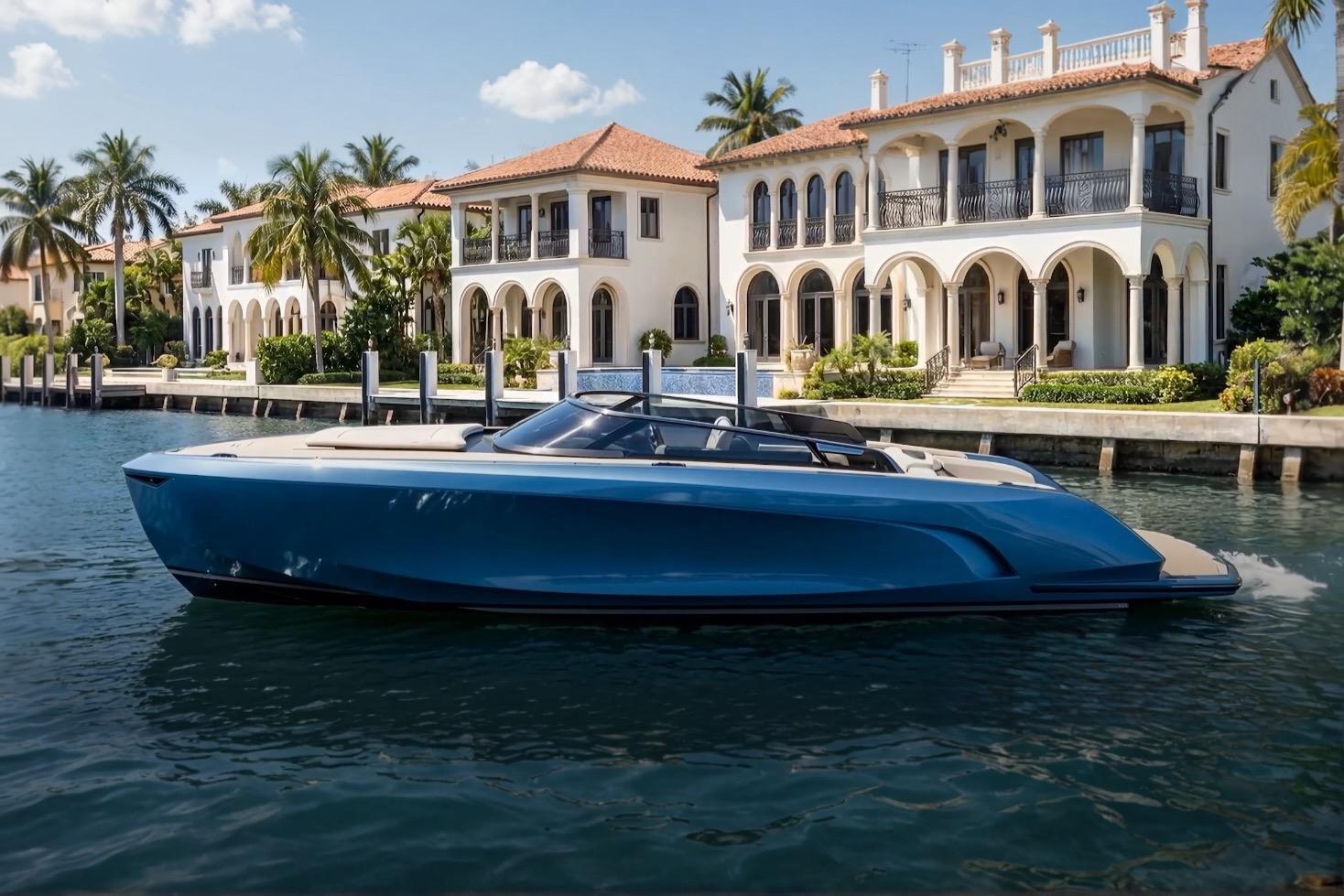 Luxury Flynt Yachts Revolante 48, 2026 model, cruising near elegant waterfront villas.