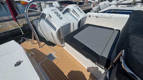 Luxury Nimbus T11 boat with dual Mercury outboard engines, 2025 model.
