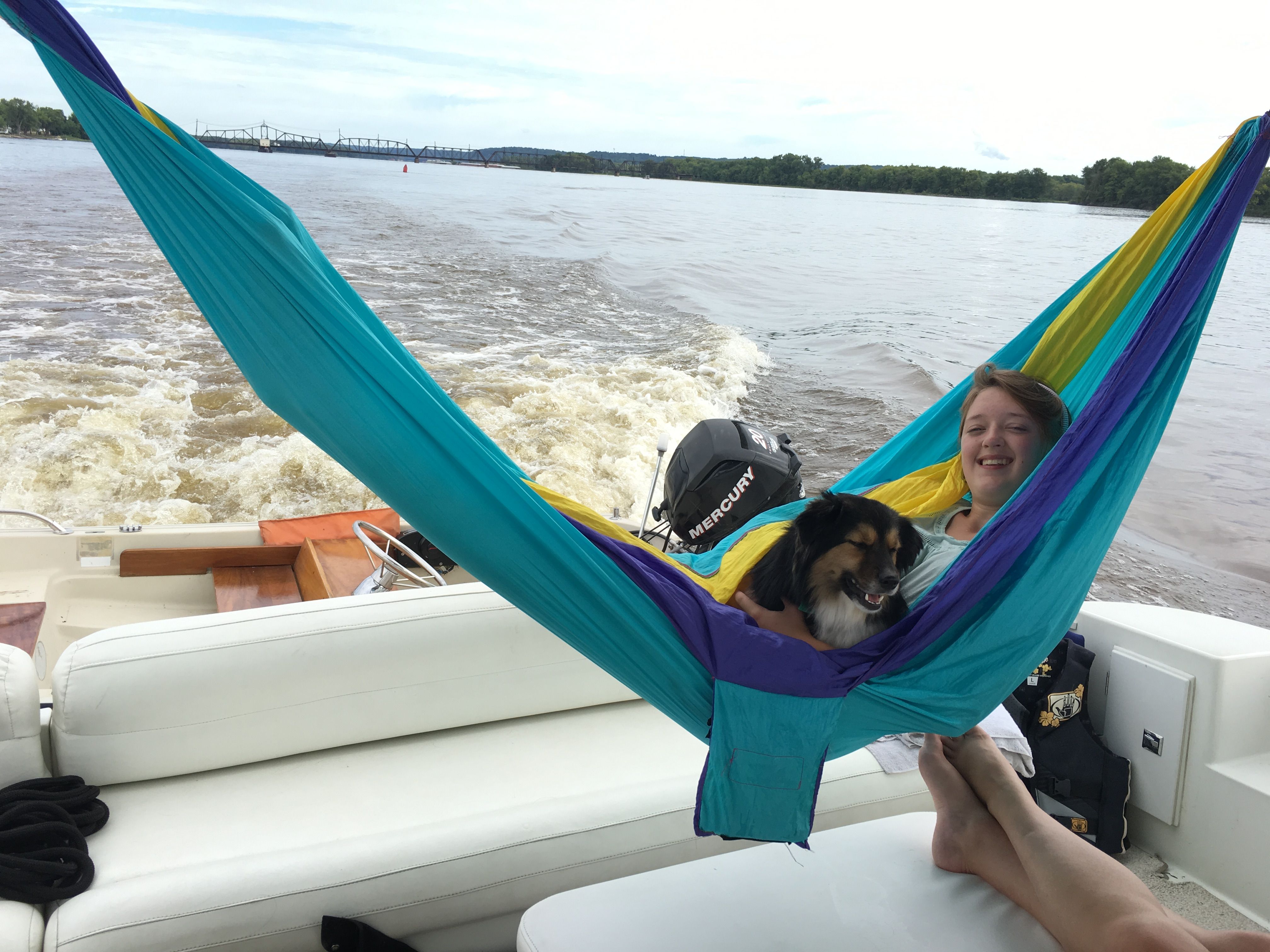 A person and a dog relax in a hammock on a boat.