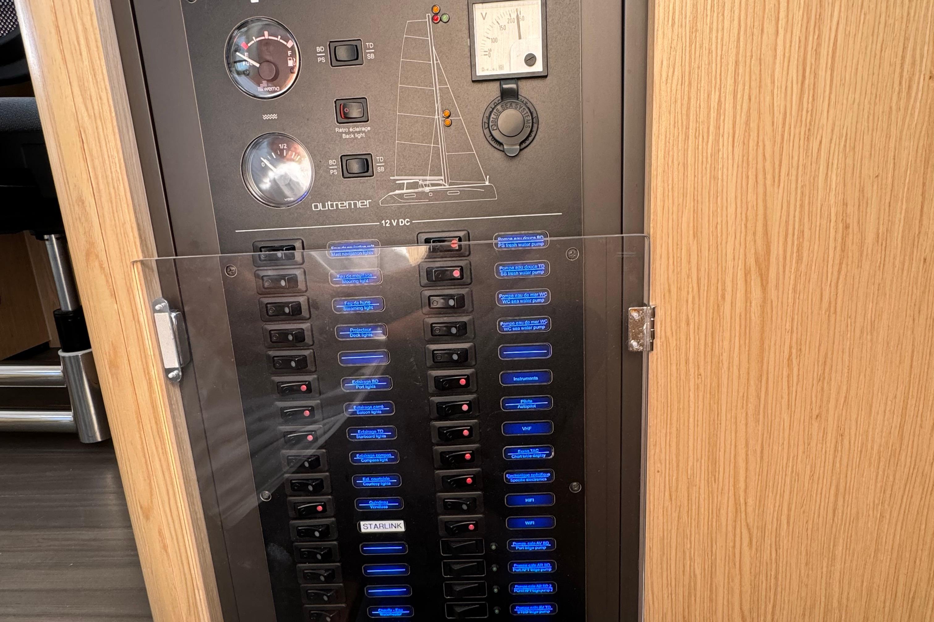 Electrical panel of 2022 Outremer 51 yacht with switches and gauges.