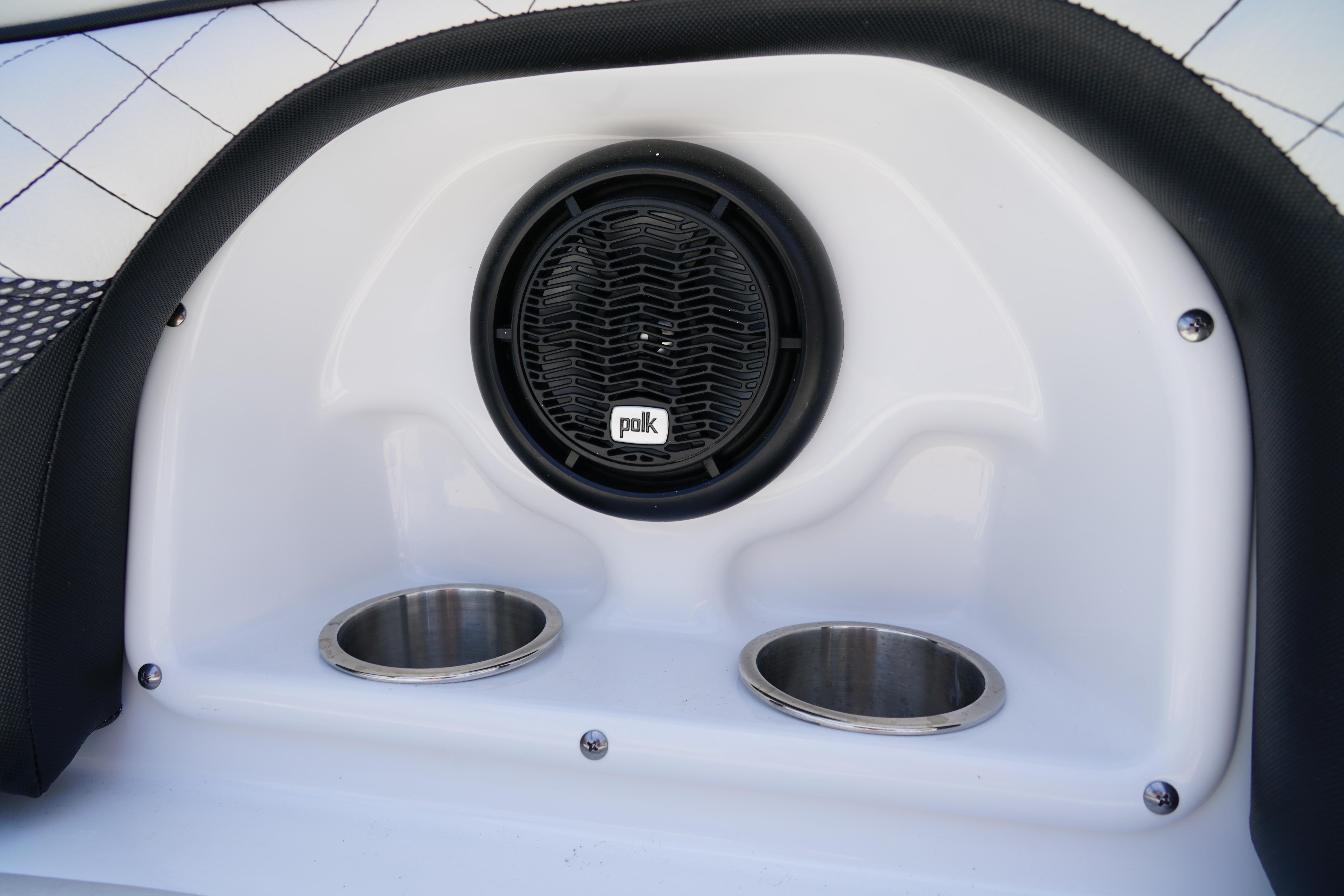 2020 Hurricane SunDeck 2486 OB boat speaker and cup holders detail.