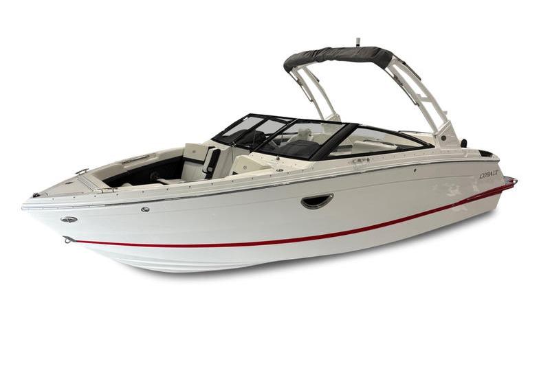 2025 Cobalt R6 boat with sleek white design and red accent stripe.