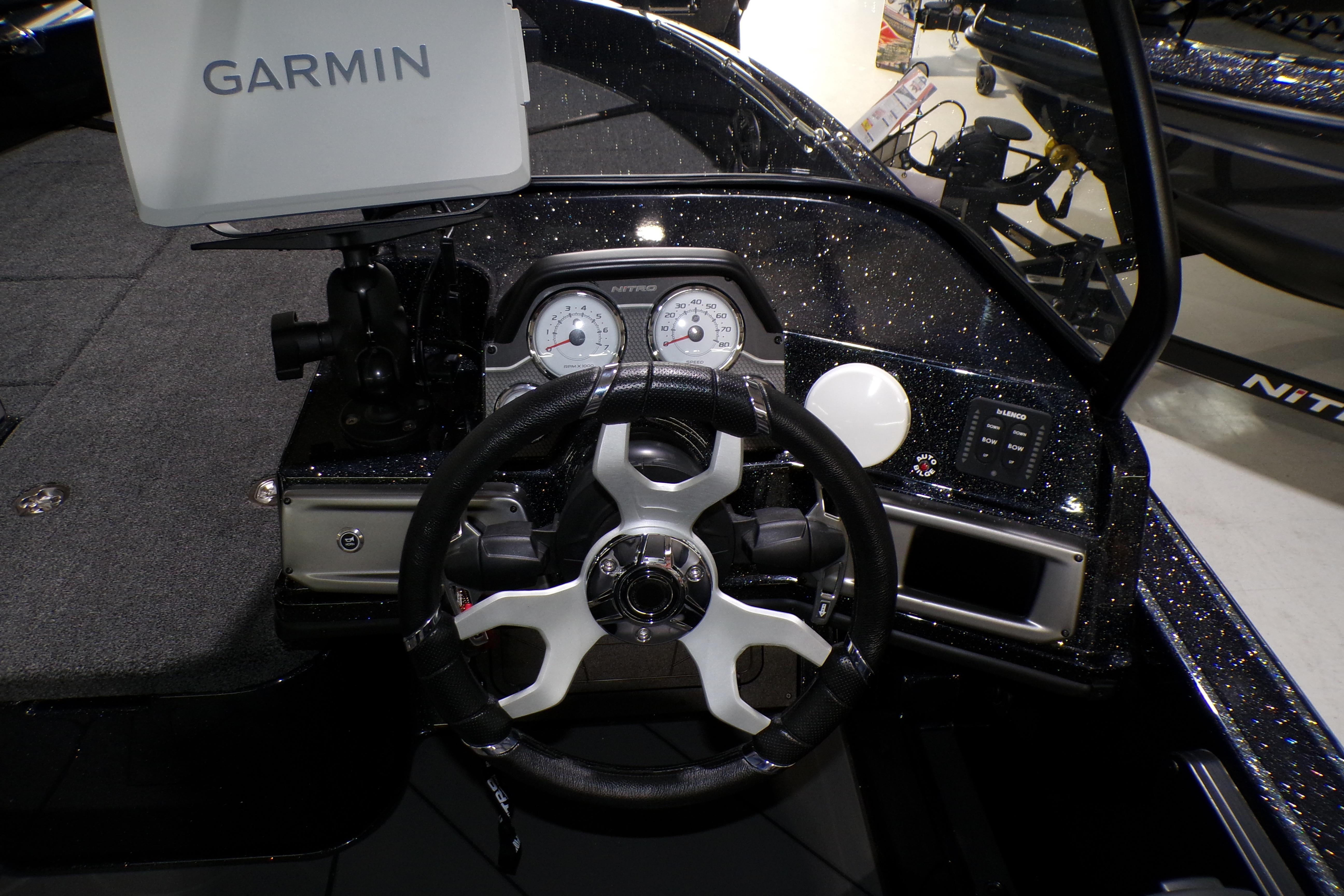 Steering console of 2026 Nitro ZV21 Pro boat with Garmin navigation system.