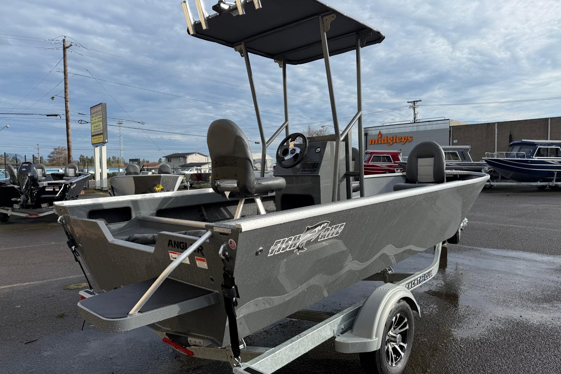 2026 Fish Rite Angler 18 boat on trailer in outdoor dealership lot.