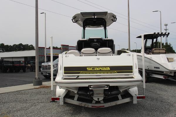 2023 Scarab 255 Open ID boat displayed at a dealership.