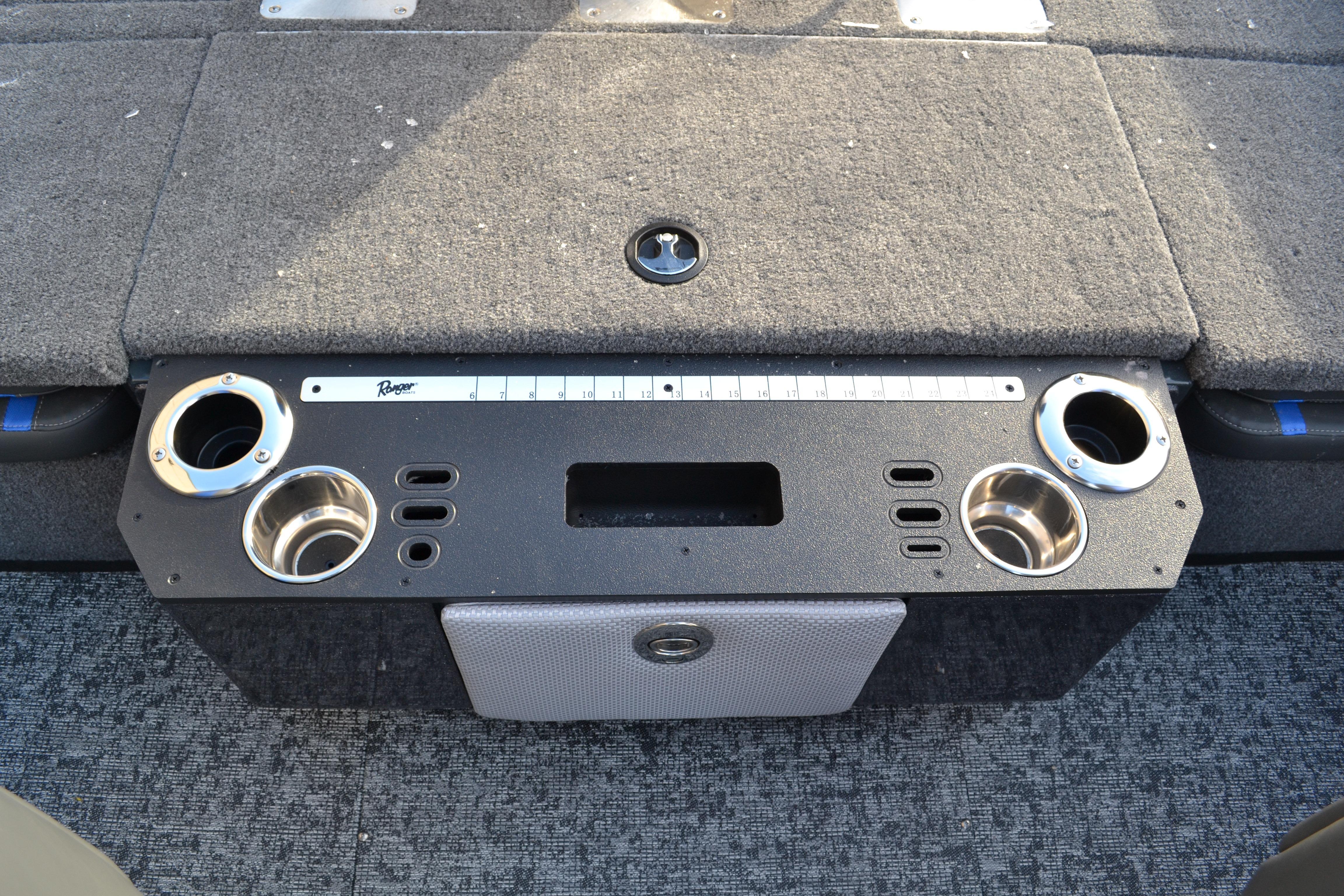 2026 Ranger VX1888 WT boat console with cup holders and measurement ruler.