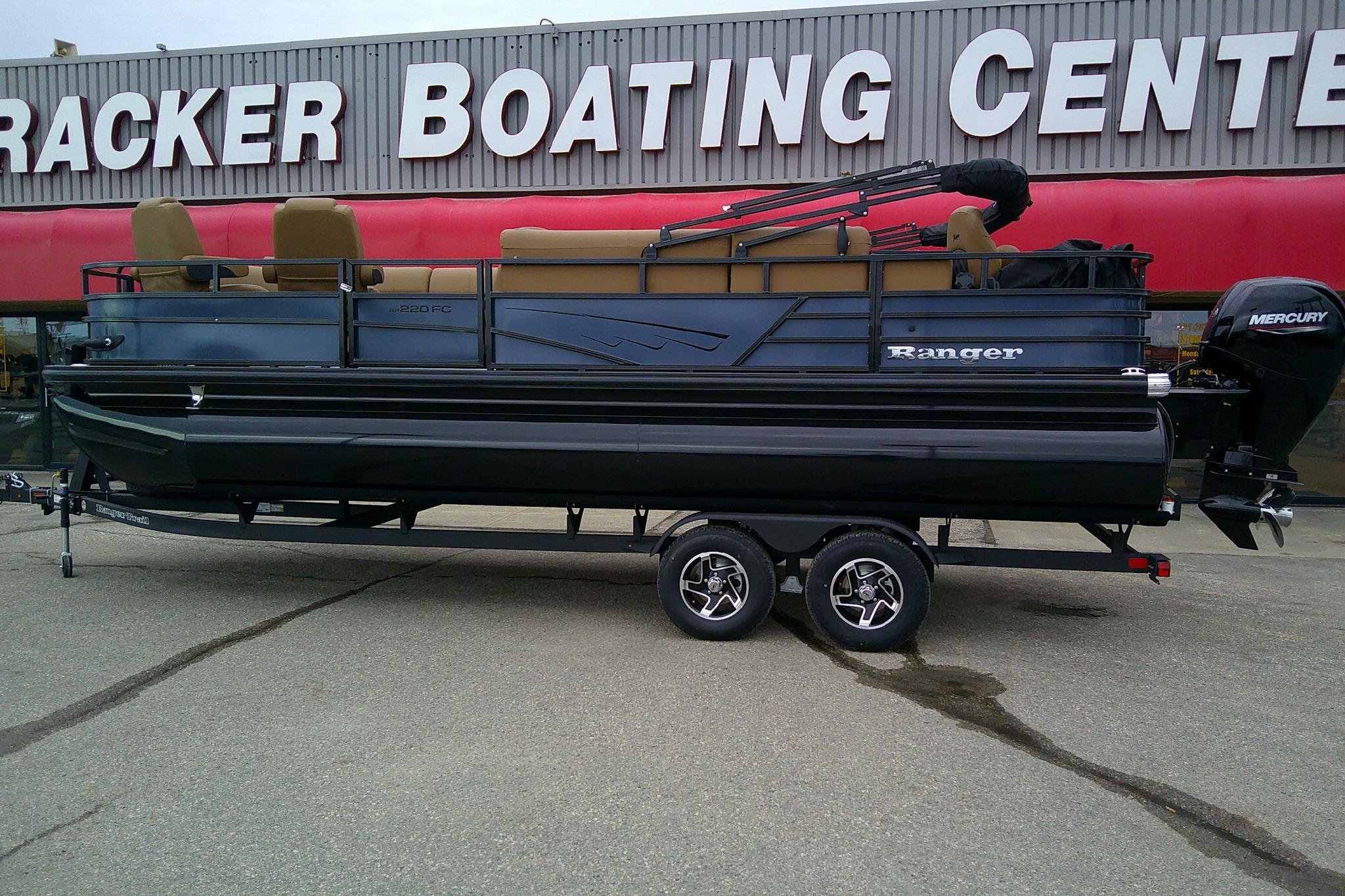 2026 Ranger 220FC pontoon boat on trailer at Tracker Boating Center.