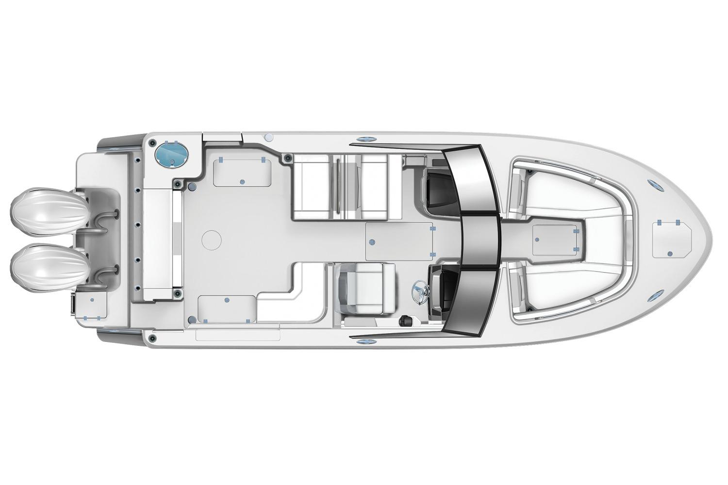 Manufacturer Provided Image: 2026 Robalo R277 Dual Console boat layout, top view, featuring dual engines and spacious seating.