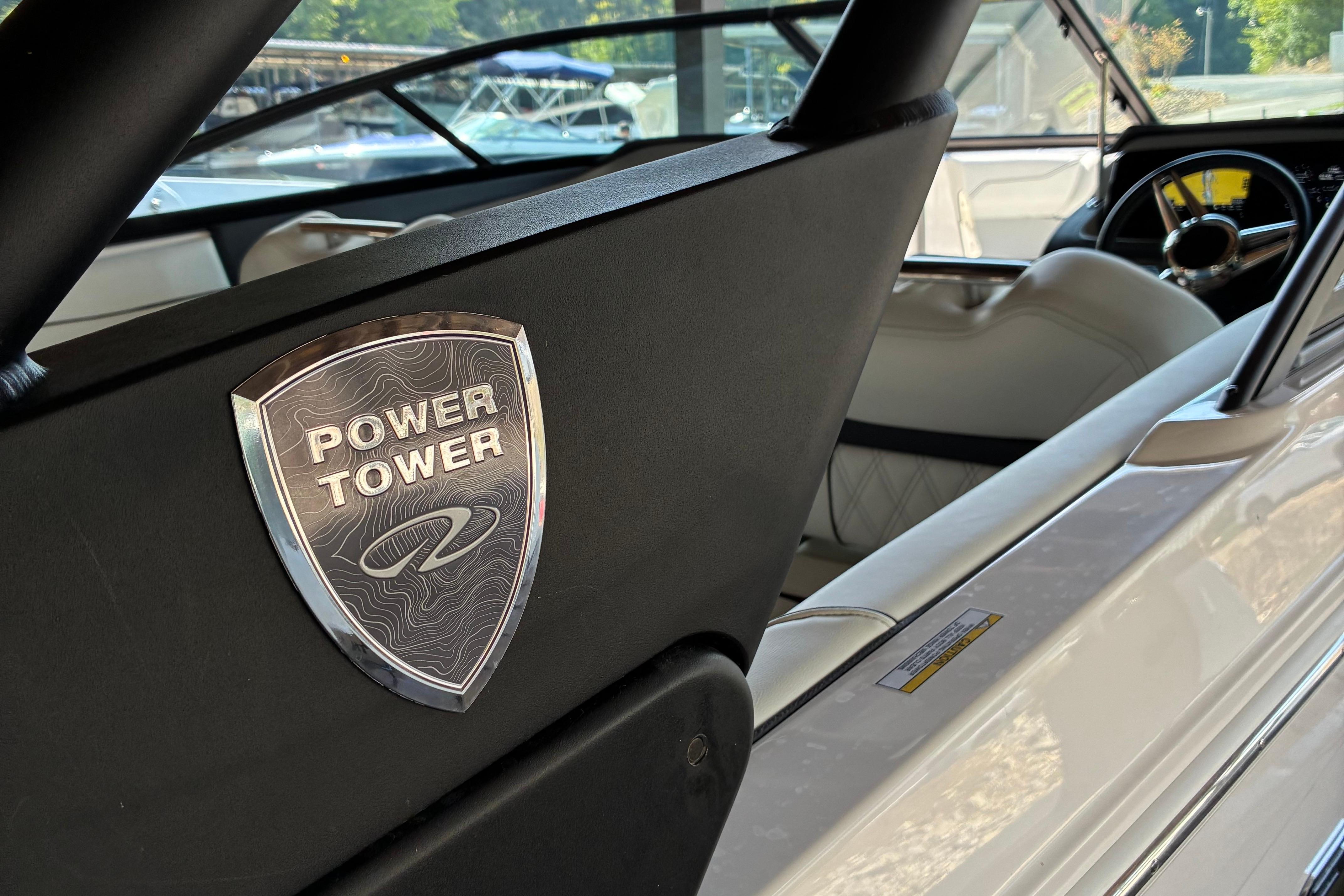 2025 Regal LS2 boat interior with Power Tower emblem, showcasing luxury design.