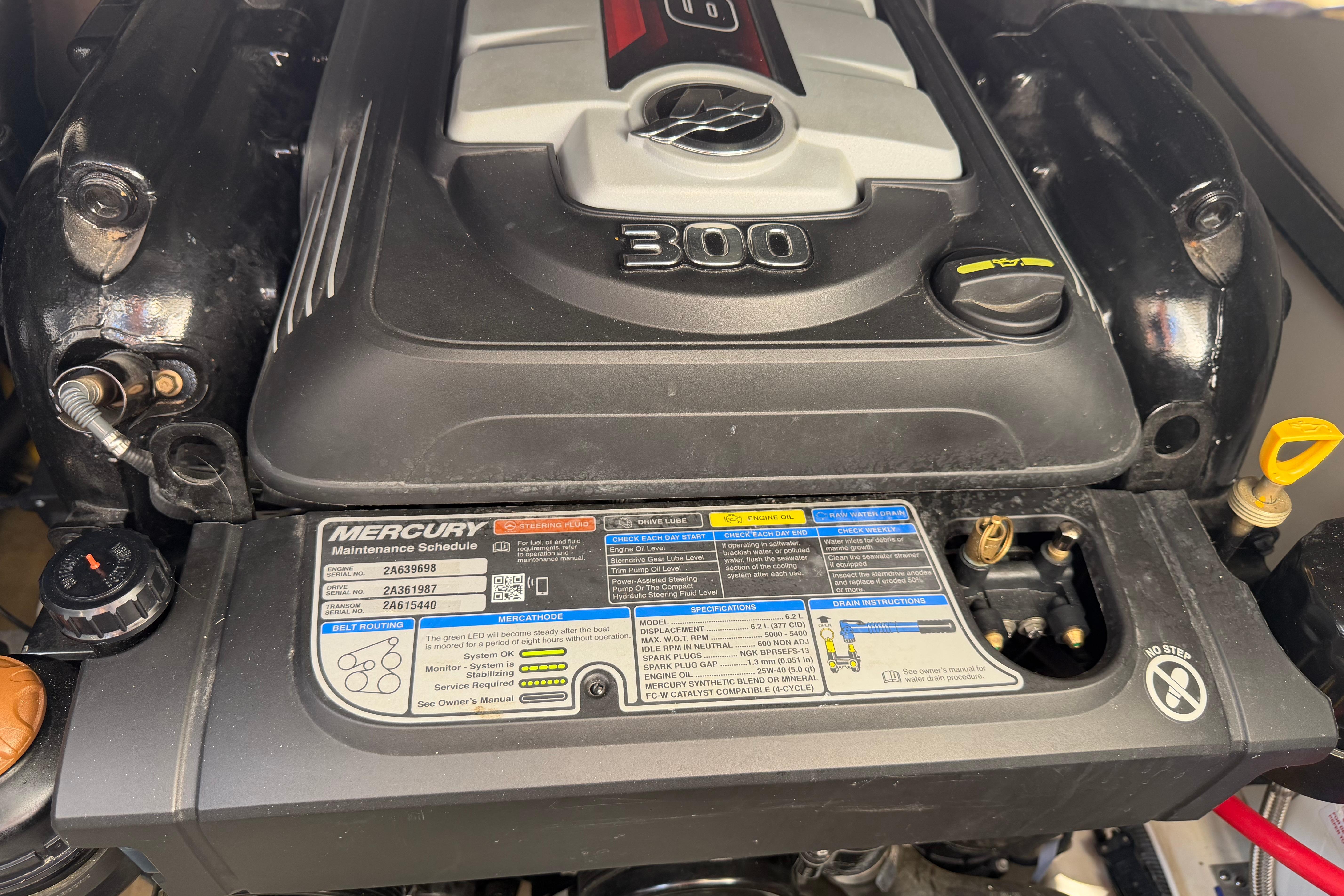 Close-up of a 2019 Rinker EX 320 boat engine, featuring Mercury maintenance schedule.