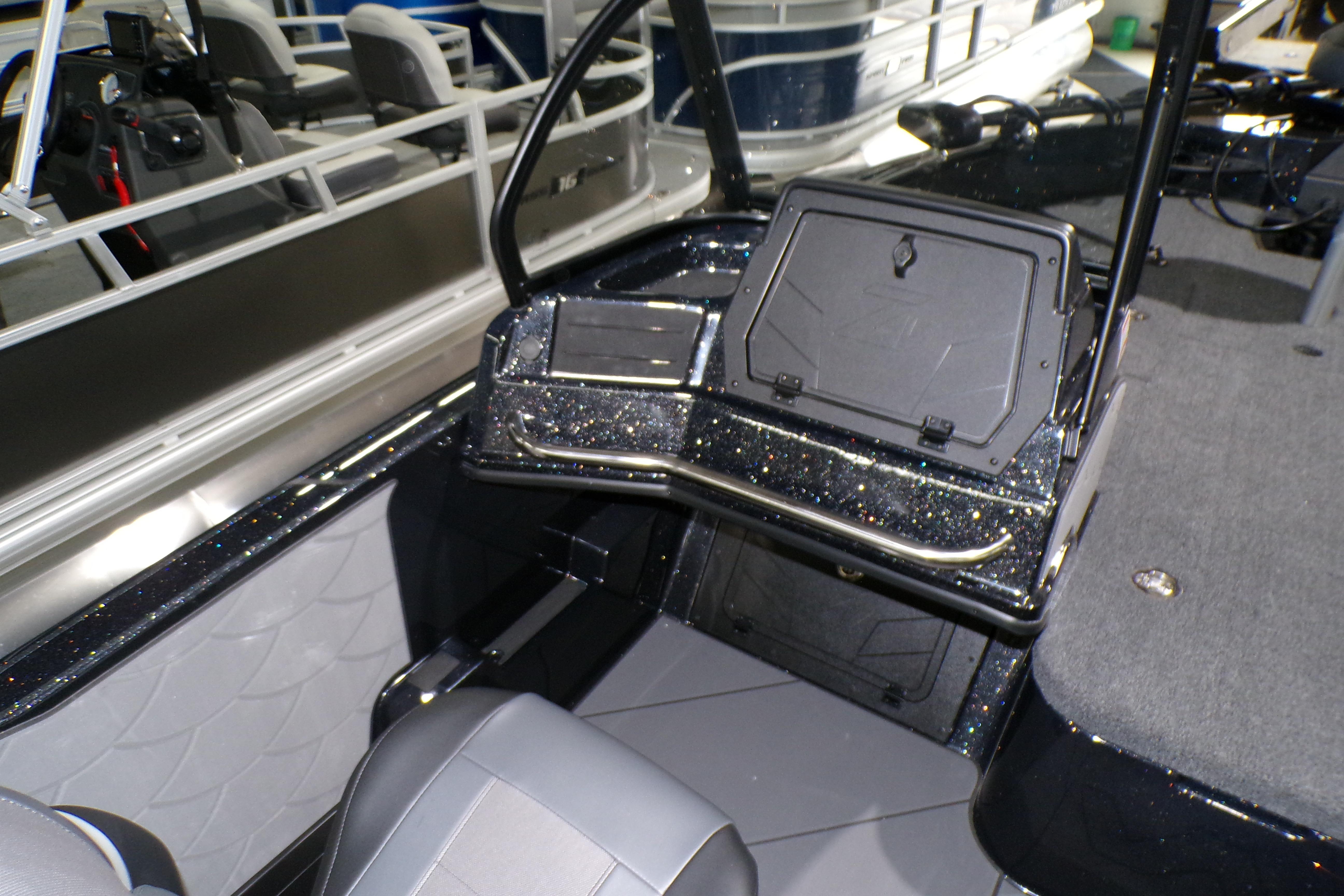 Interior of 2026 Nitro ZV21 Pro boat with sleek seating and storage compartments.