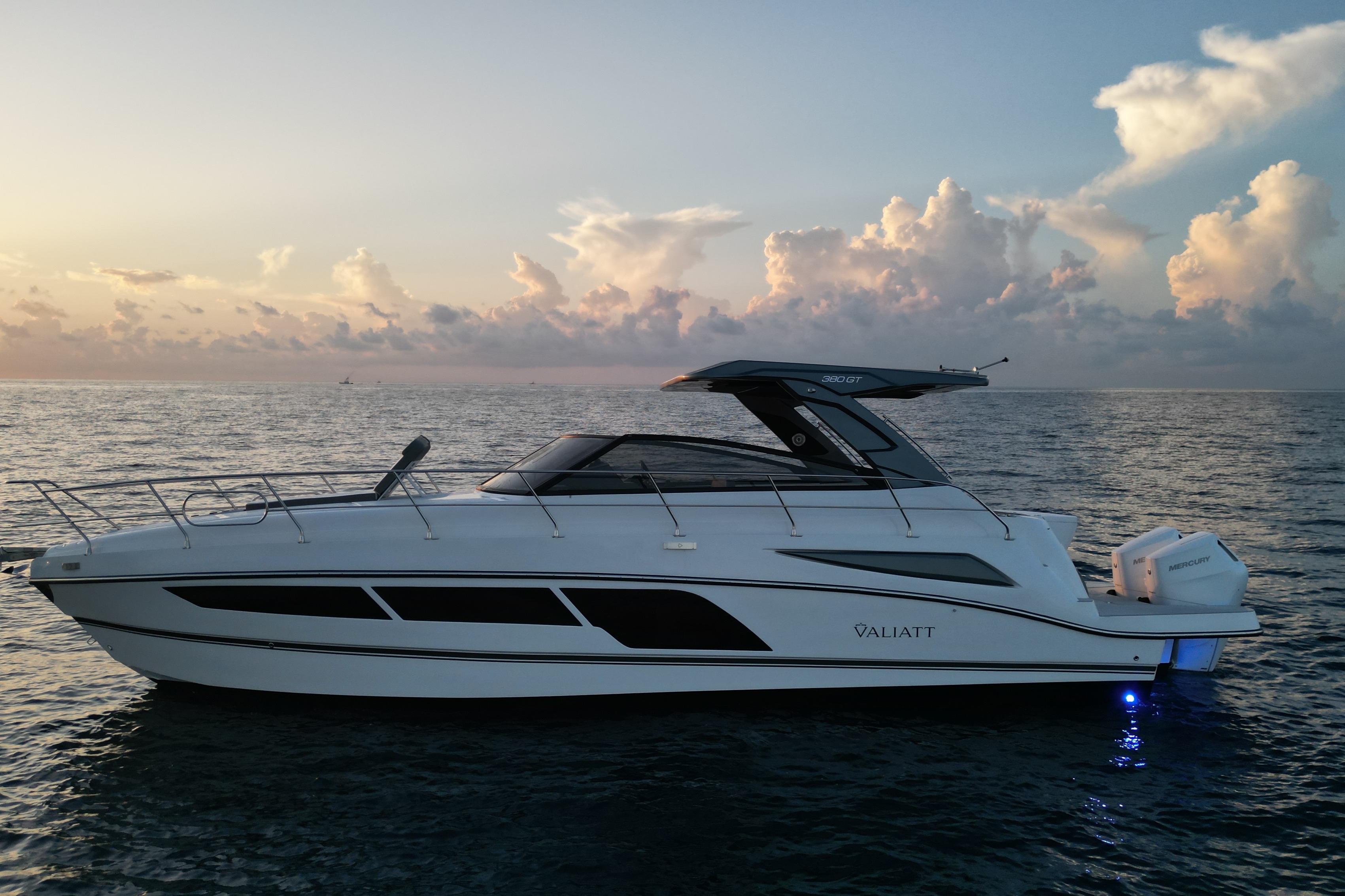 2025 Valiatt 380GT luxury yacht cruising at sunset on open water.