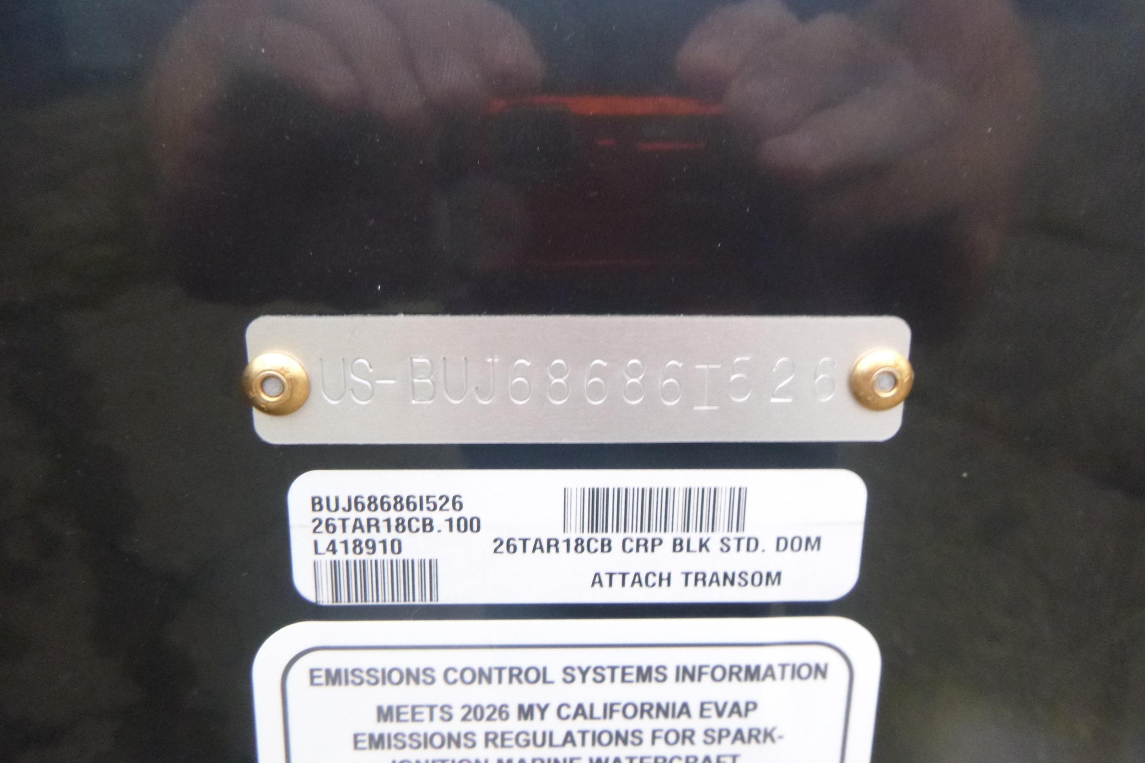 2026 Tracker Targa V-18 Combo boat identification and emissions control labels.