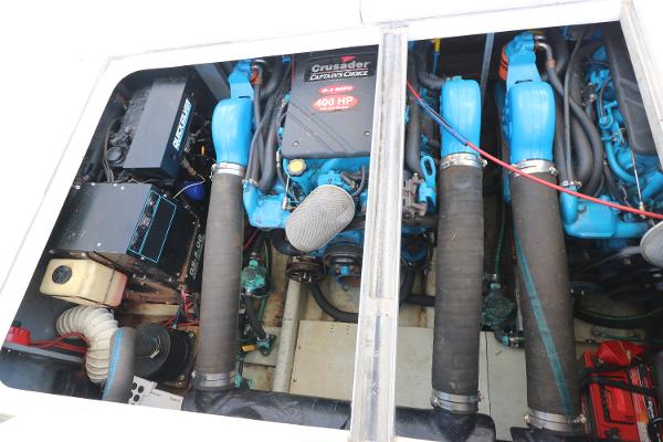 Engine compartment of a 1992 Sea Ray 350 Express Bridge with Crusader 400 HP engines.